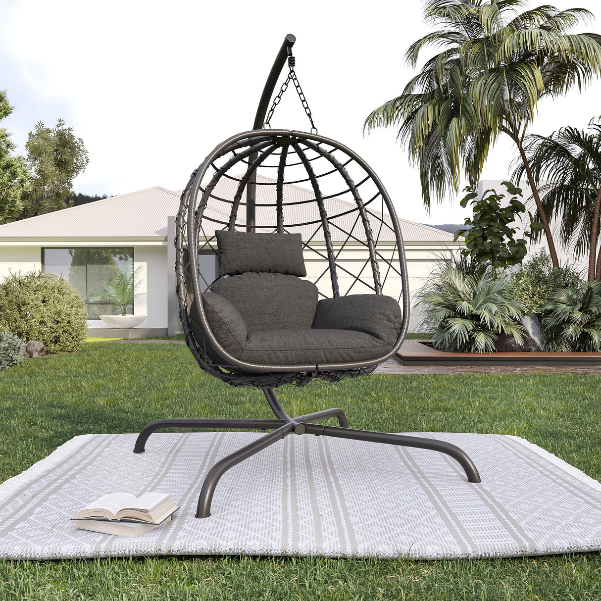 CHINNLUU Outdoor Hanging Egg Chair Outdoor Foldable Wicker Swing Chair with Stand UV Resistant Cushion 350lbs Capacity for Patio, Garden and Balcony CHINNLUU