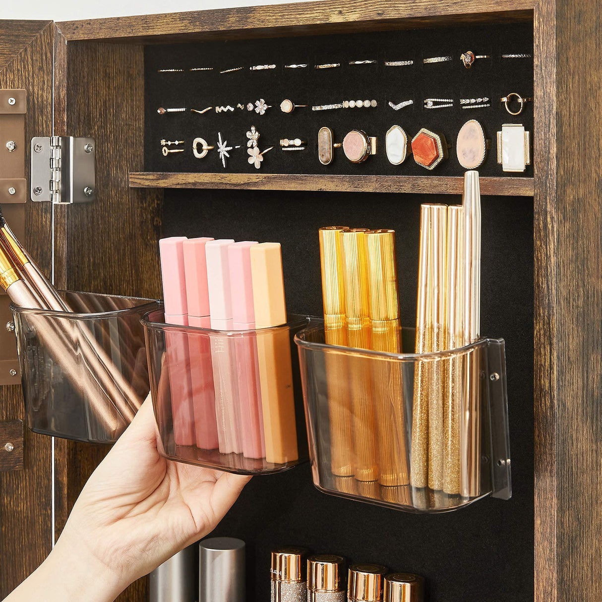 SONGMICS Jewelry Cabinet Floor Standing, Lockable Jewelry Organizer with High Full-Length Mirror, Bottom Drawer, Shelf, Wheels, Jewelry Armoire, Gift Idea, Rustic Brown and Black UJJC004X01 SONGMICS