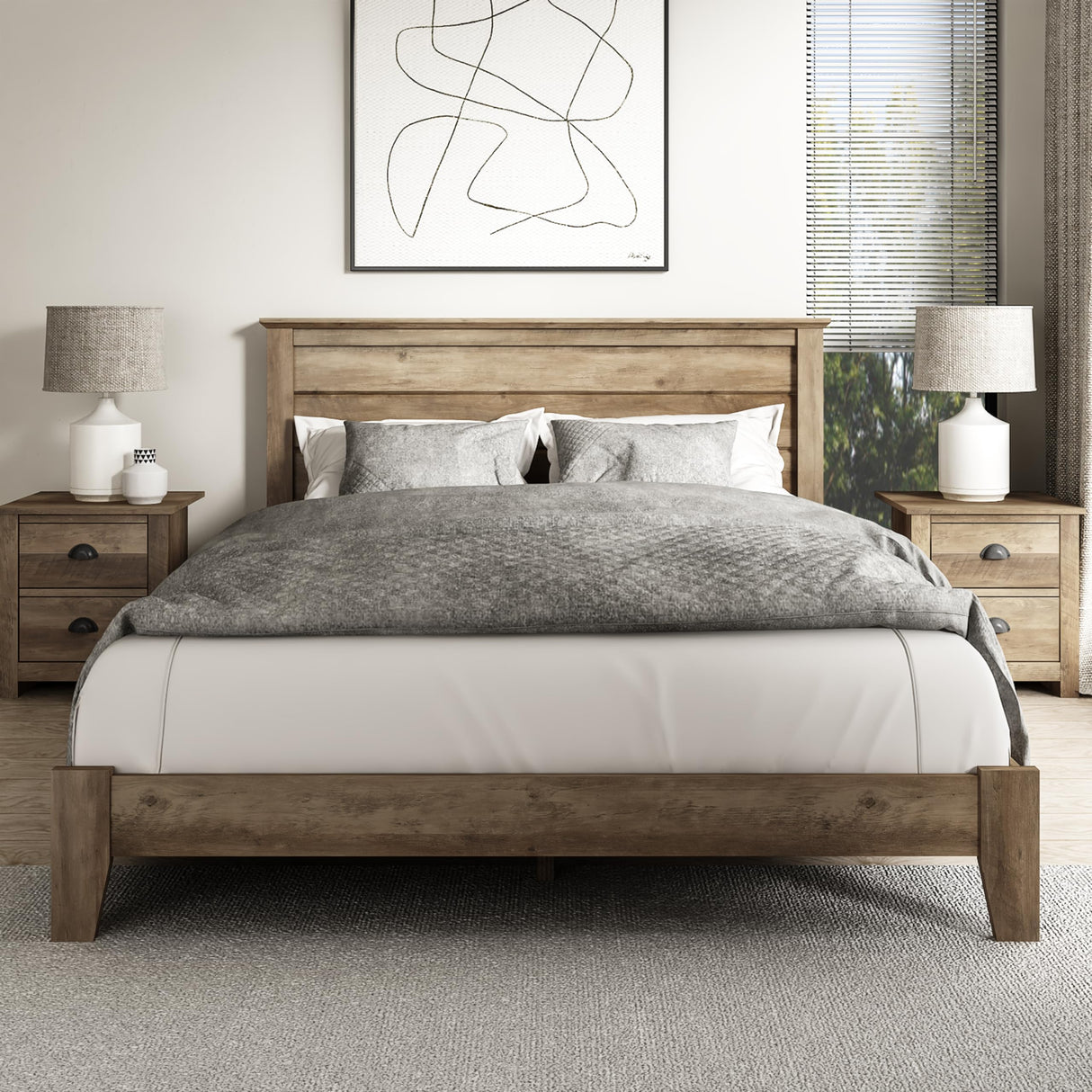Galano Tiena Queen Bed Frame in Knotty Oak with Wooden Slat Support Galano