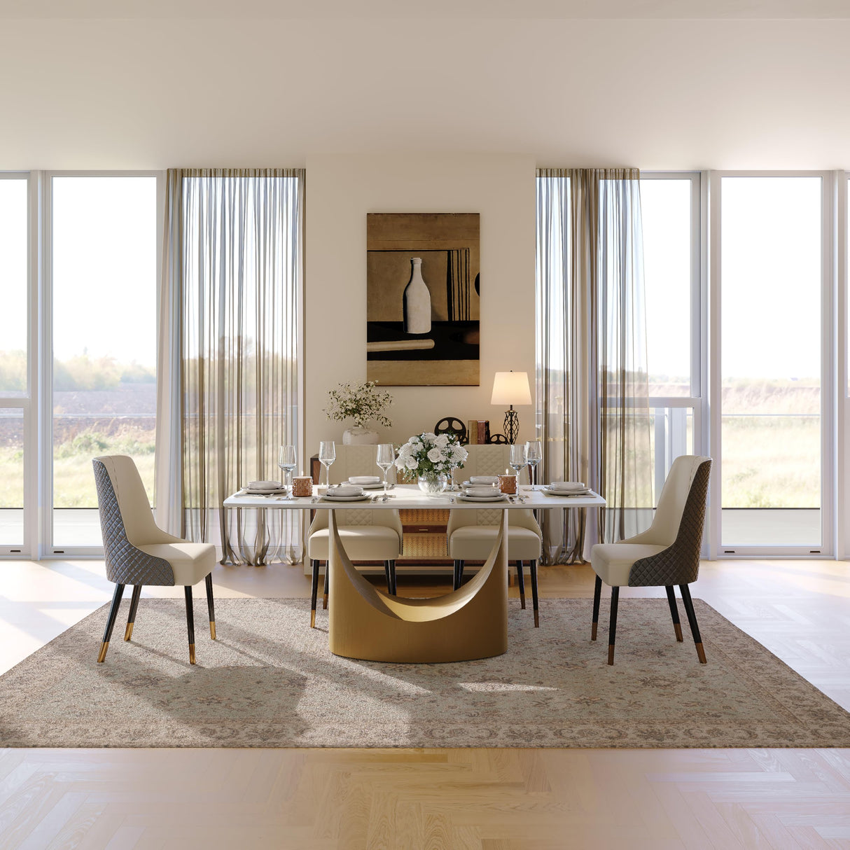 POVISON 71" Hobart Modern Dining Table for 6-8, Matte White Dining Table Sintered Stone Dining Tabletop with Bronze Carbon Steel Pedestal for Dining Room (Table Only) POVISON