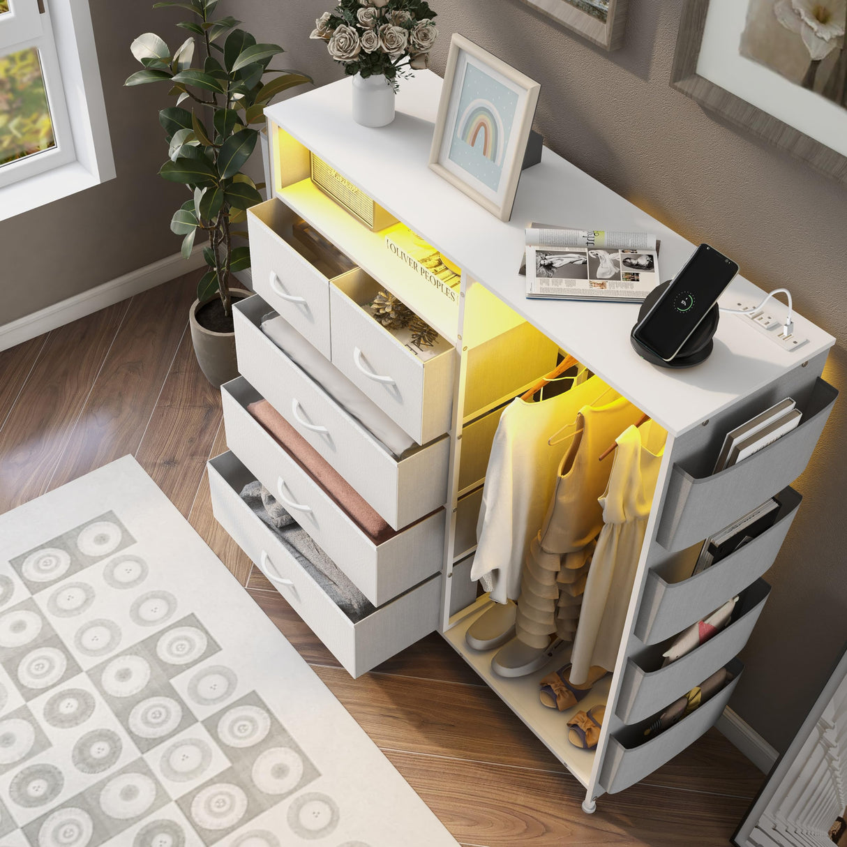 Espelism Dresser for Bedroom with Clothes Rack & Side Pockets White 5 Drawers Dresser with Charging Station & LED Lights Sturdy Steel Frame Wood Top Organizer Unit for Nursery Hallway Closet Espelism