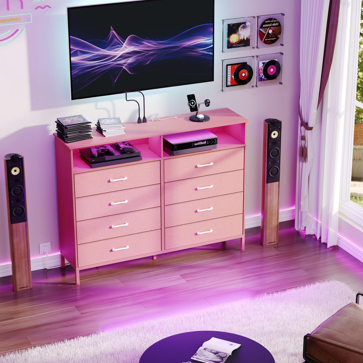 SOOWERY Dresser for Bedroom Led Bedroom Dresser with Charging Station, Tall Dresser with 8 Fabric Chest of Drawers, Dresser for Kids Room, TV Stand for up to 60" TV for Living Room, Pink SOOWERY