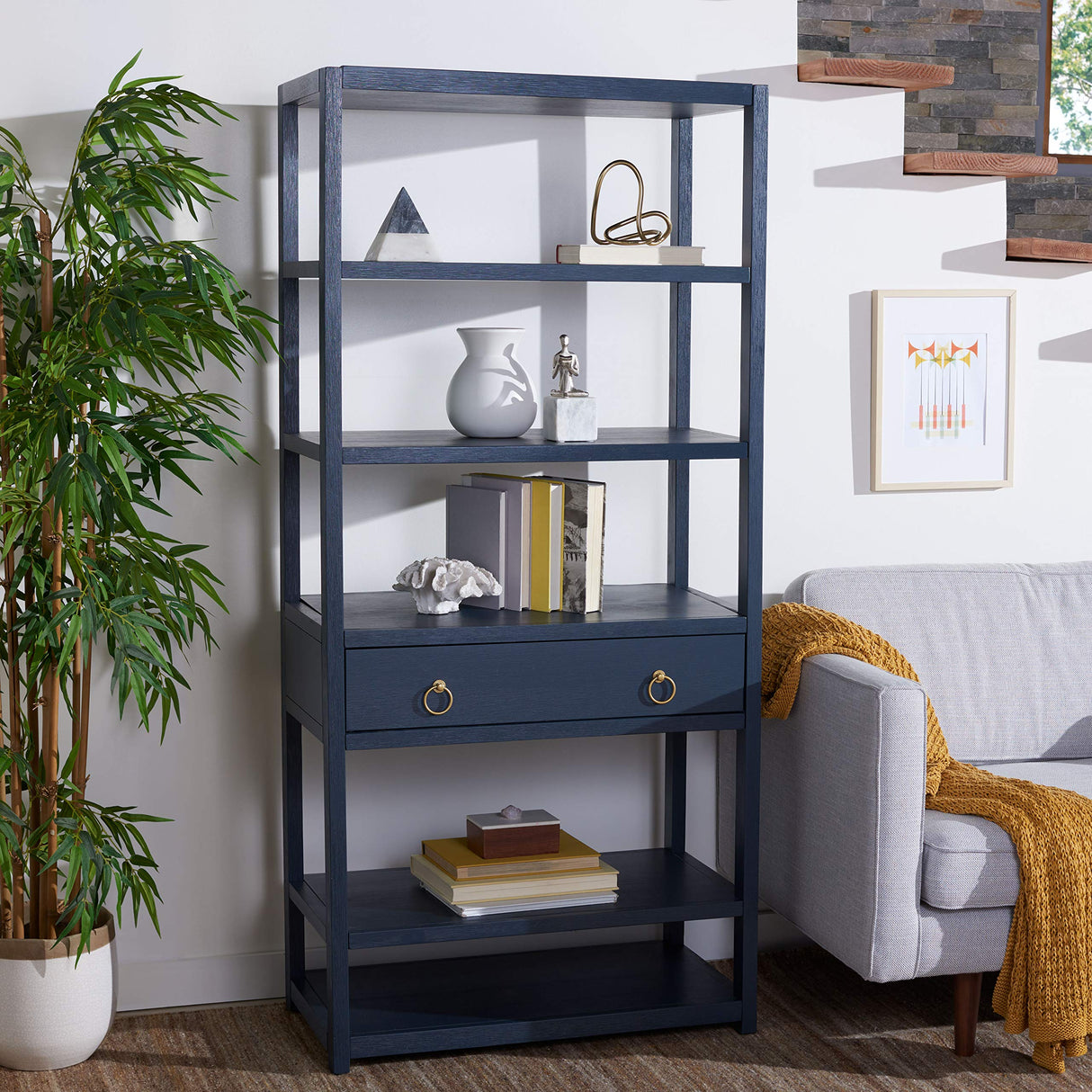 Safavieh Home Collection Johni Navy and Gold 5-Shelf Storage Etagere SAFAVIEH