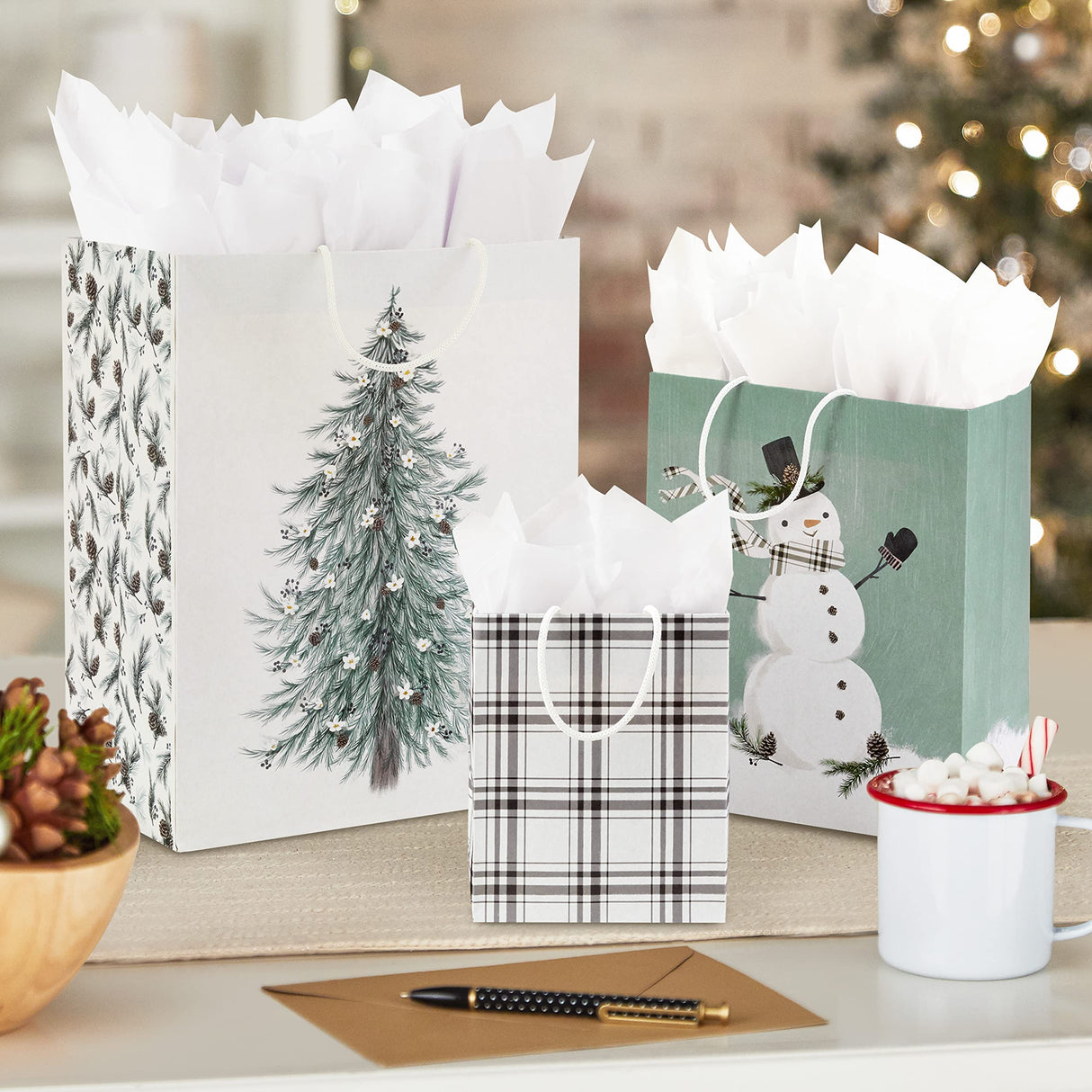 Hallmark Christmas Gift Bag Assortment (8 Bags: 3 Small 6", 3 Medium 9", 2 Large 13") White and Sage Green with Rustic Snowman, Plaid, Evergreen Tree for Christmas, Winter Weddings, Birthdays Hallmark