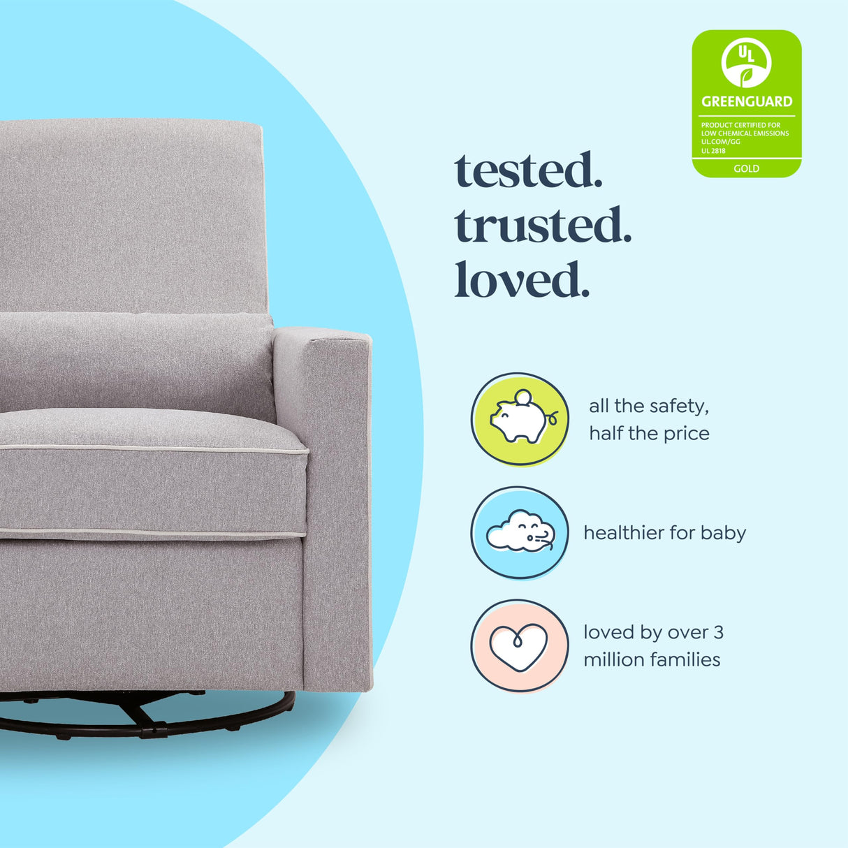 DaVinci Piper 360° Swivel Rocker Recliner Chair - Rocking Chair for Nursery & Living Room, GREENGUARD Gold, FSC & Certi-PUR US Certified, Comfy Nursery Glider Recliner - Heathered Grey w/Cream Piping DaVinci