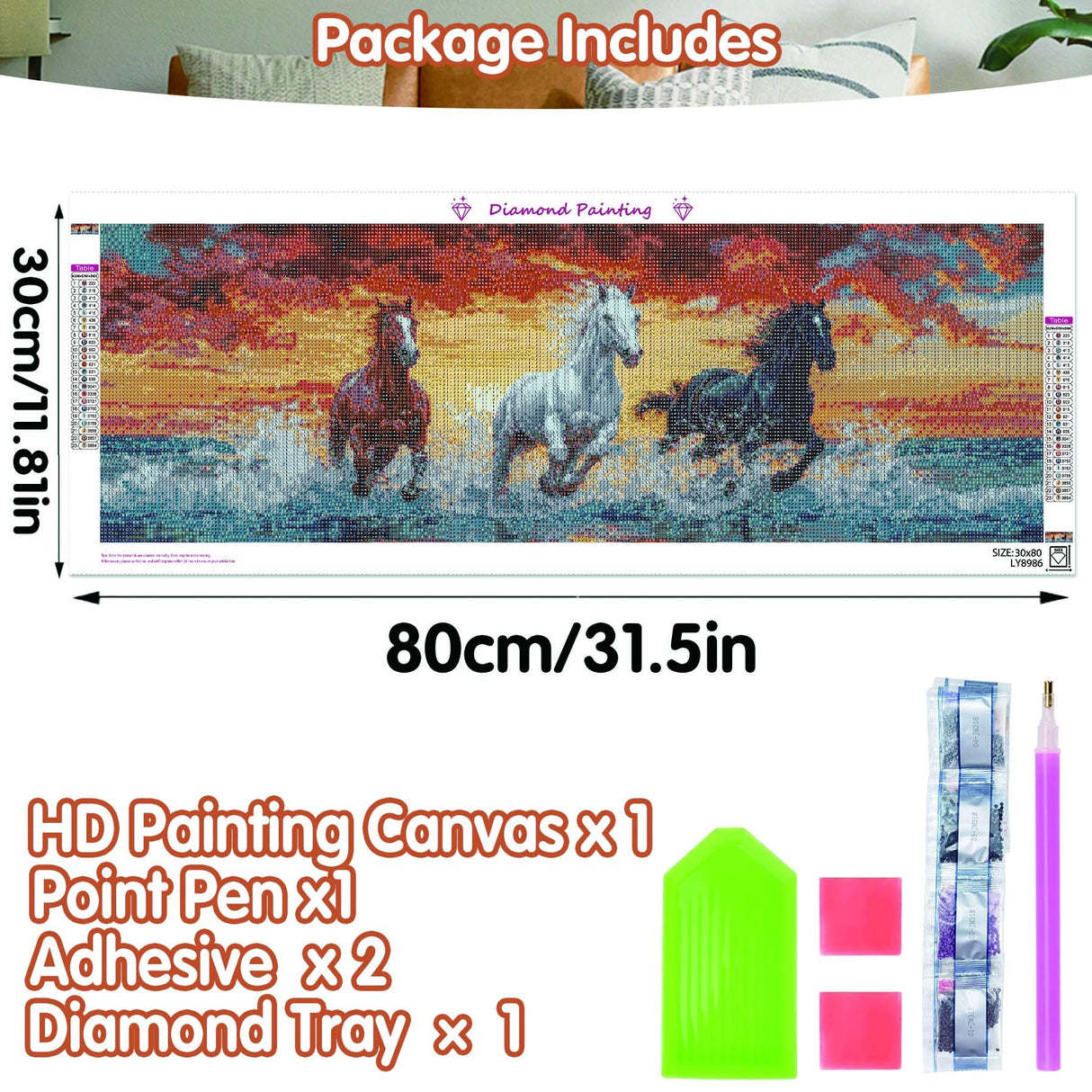 SKRYUIE 5D Large Diamond Painting Kits Horse - DIY Diamond Art Kits for Adults Animal, Full Round Drill - Crystal Embroidery Cross Stitch - Craft for Wall & Office Decor - 12x30 inch / 30x80 cm SKRYUIE