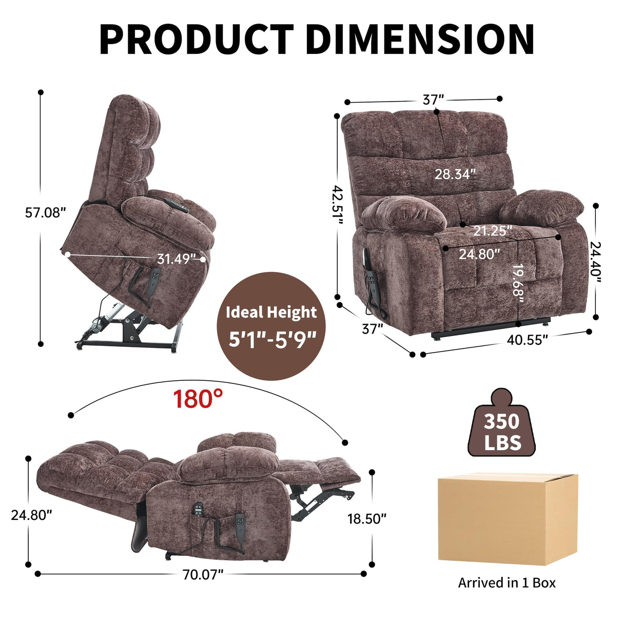 EZZUP Lay Flat Recliner with Vibration Massage and Lumbar Heating, 26" Wide Recliner with Infinite Position and 2 Remote Controls, Soft Chenille Lift Chair for Living Room, Chocolate EZZUP