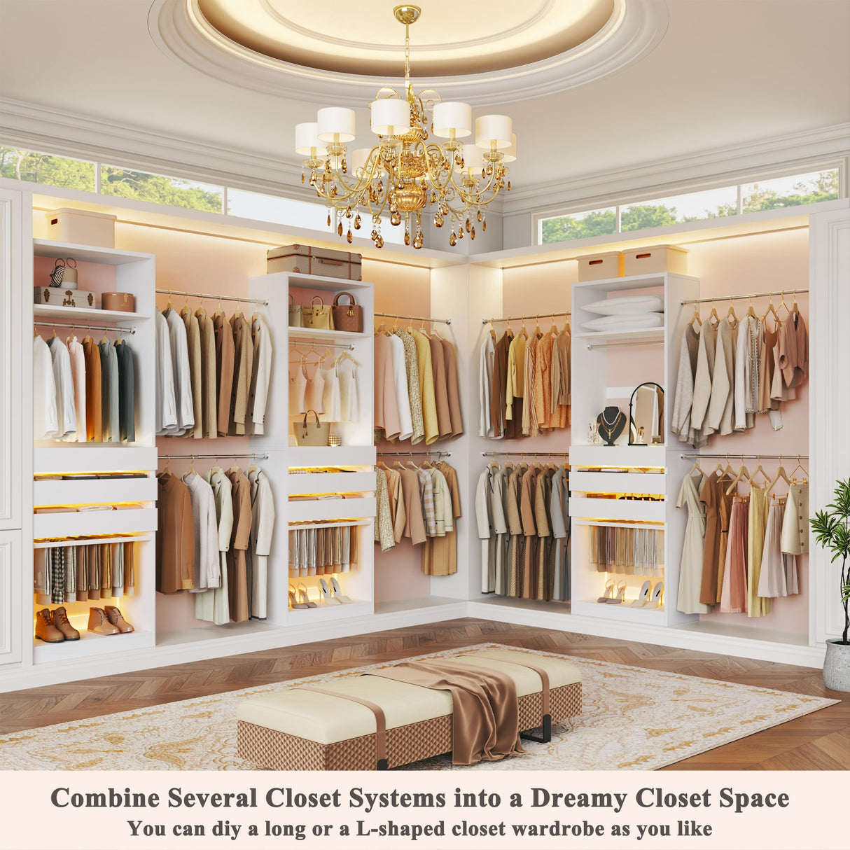 Closet System, 4-8FT Closet Organizer with 3 Wood Drawers & Glass Top, 102'' Walk in Closet with 5 Hang Rods & LED Lights & Trouser Rack, Built-in Wardrobe Clothes Rack with Shelves and Tower, White HUAHUU