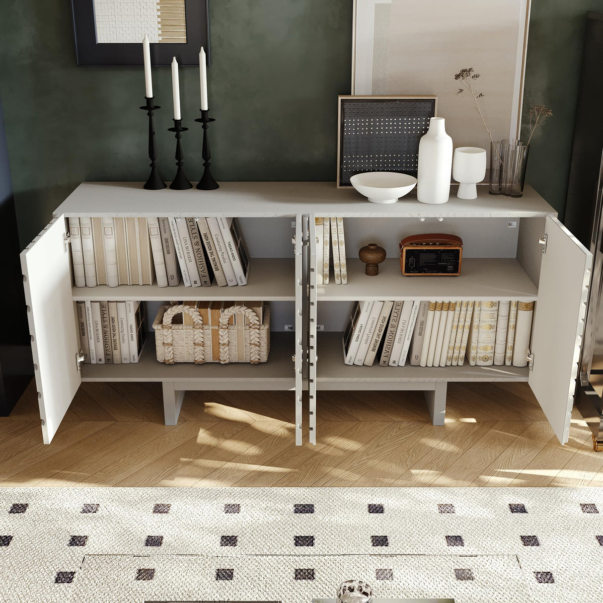 Clihome 63'' Sideboard Buffet Cabinet, 4 Door Console Cabinet with Storage TV Stand Credenza Accent Cabinet Wooden Cabinet with Adjustable Shelf for Bedroom, Living Room, Dining Room, Cream Line Clihome