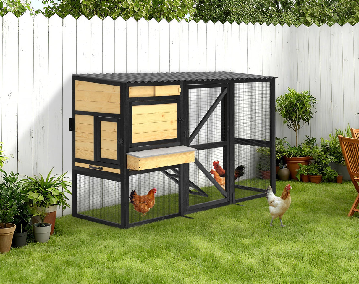 TRYKERPET Chicken Coop for 2-4 Chickens, Three-Sided Wooden Chicken Coop, Chicken House with Nesting Box, 5 Doors, Pull-Out Tray, Suitable for Backyard, Black&Yellow TRYKERPET