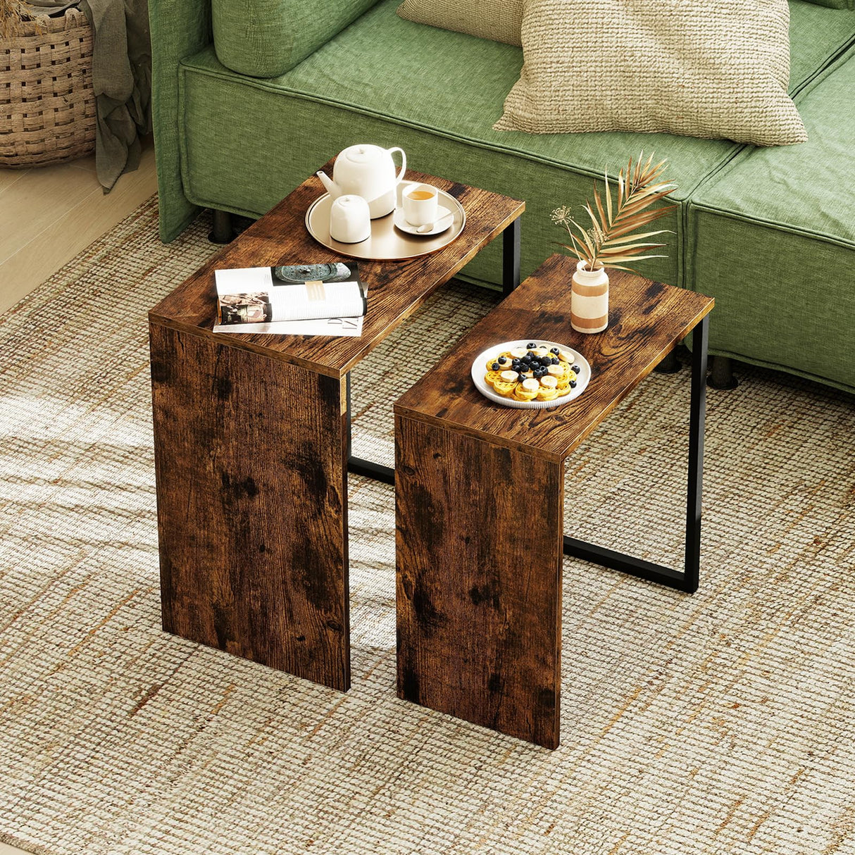 Giantex Nesting Coffee Table Set of 2, Rectangular Stackable Side Tables with Sturdy Metal Frames, Modern Nesting End Tables for Living Room, Bedroom, Rustic Brown Giantex