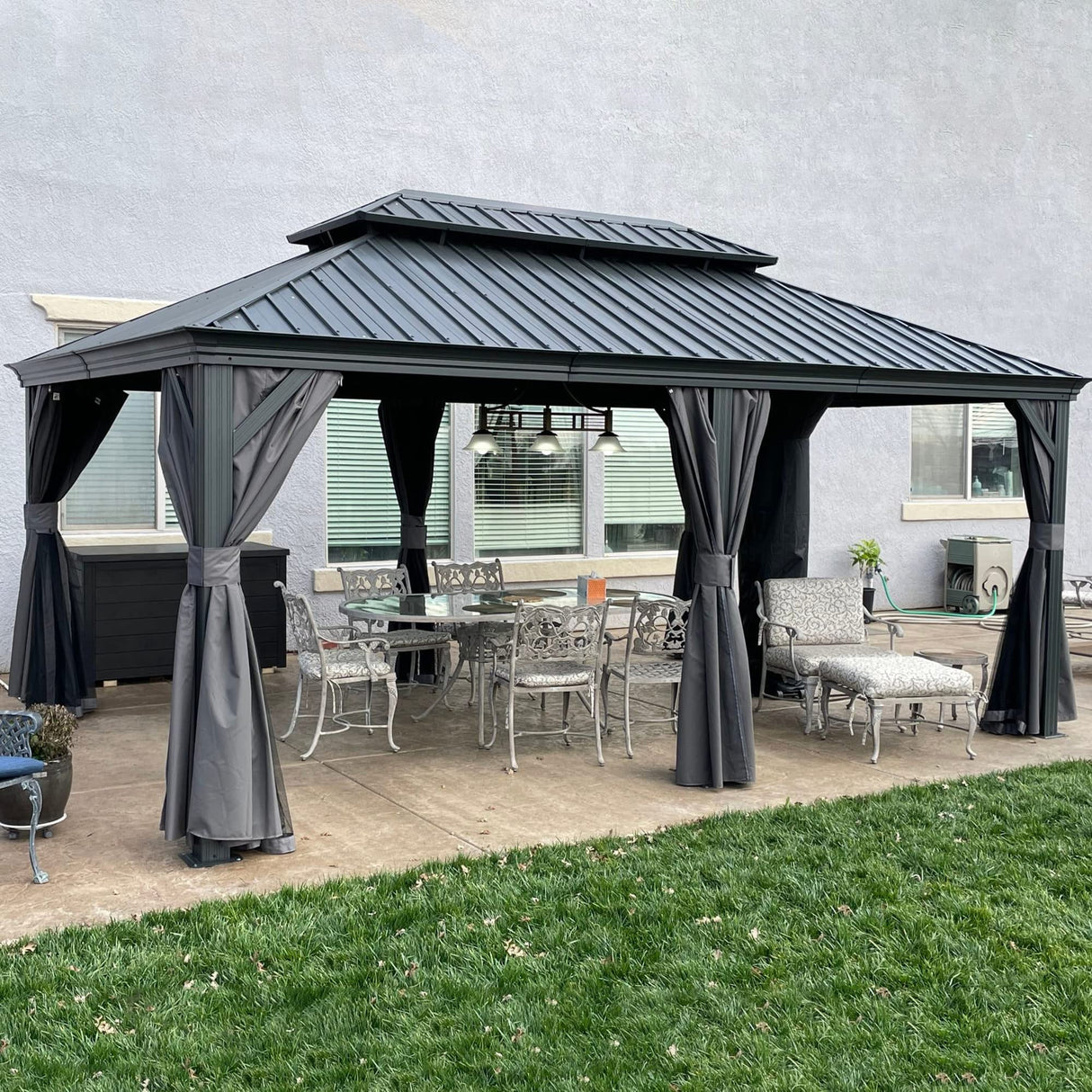 PURPLE LEAF 12' X 18' Permanent Hardtop Gazebo Aluminum Gazebo with Galvanized Steel Double Roof for Patio Lawn and Garden, Curtains and Netting Included, Grey PURPLE LEAF