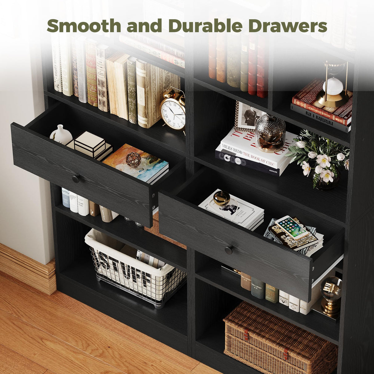 IRONCK Bookcase and Bookshelves, 70" Tall Bookshelf Floor Standing 6 Tiers Display Storage Shelves, Book Shelf with Drawers for Home Office, Living Room, Bedroom, Library, Black IRONCK