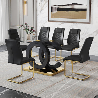 Ebullient Modern Dining Table Set for 6 ,7 Piece Dining Table Chairs Set for 6,Glass Table Top and Gold Base,Rectangular Dining Room Table with 6 Black PU Leather Upholstered Dining Chairs for Kitchen