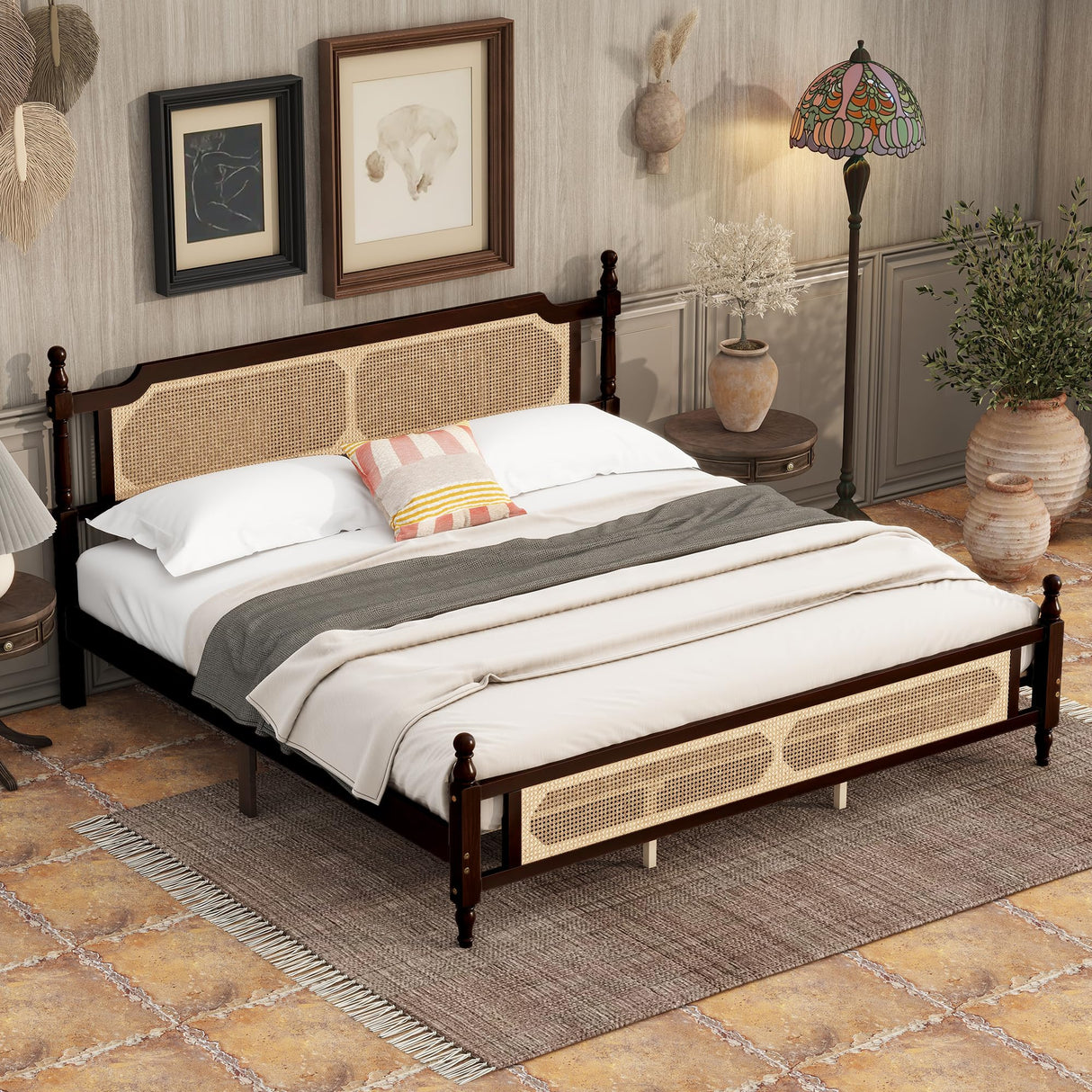 DNChuan King Size Platform Bed with Retro Style Rattan Headboard and Footboard,4-Post Wood Bed Frame with Central Enhanced,No Box Spring Needed, Espresso DNChuan