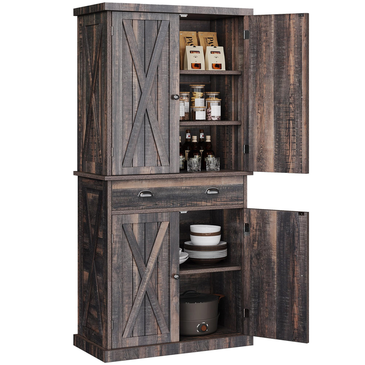 YITAHOME 72'' Farmhouse Kitchen Pantry, Wood Kitchen Storage Cabinets with Drawer and Adjustable Shelves, Kitchen Versatile Storage for Kitchen, Dining Room, Living Room, Dark Rustic Oak YITAHOME