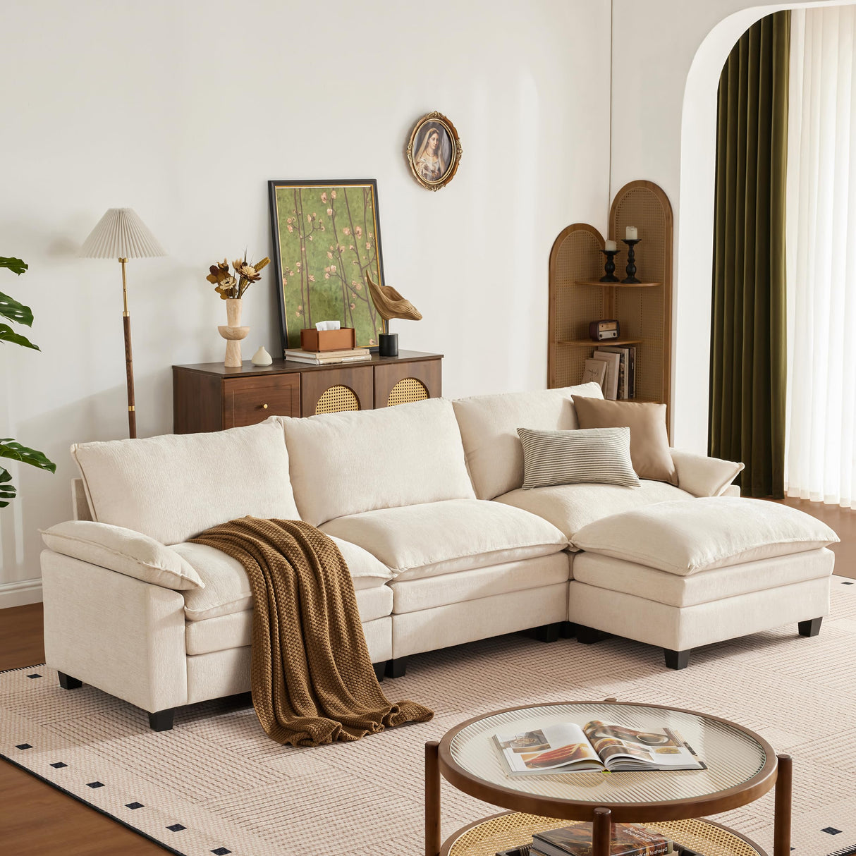 SUAWY 114 Inch Modular Couch Sectionals with Ottoman, Big Comfy Cloud Couches, L Shaped 4 Seat Modular Sectional Sofa, Modern Cloud Sectional Couches for Living Room, Deep Seat Sofa, Beige SUAWY