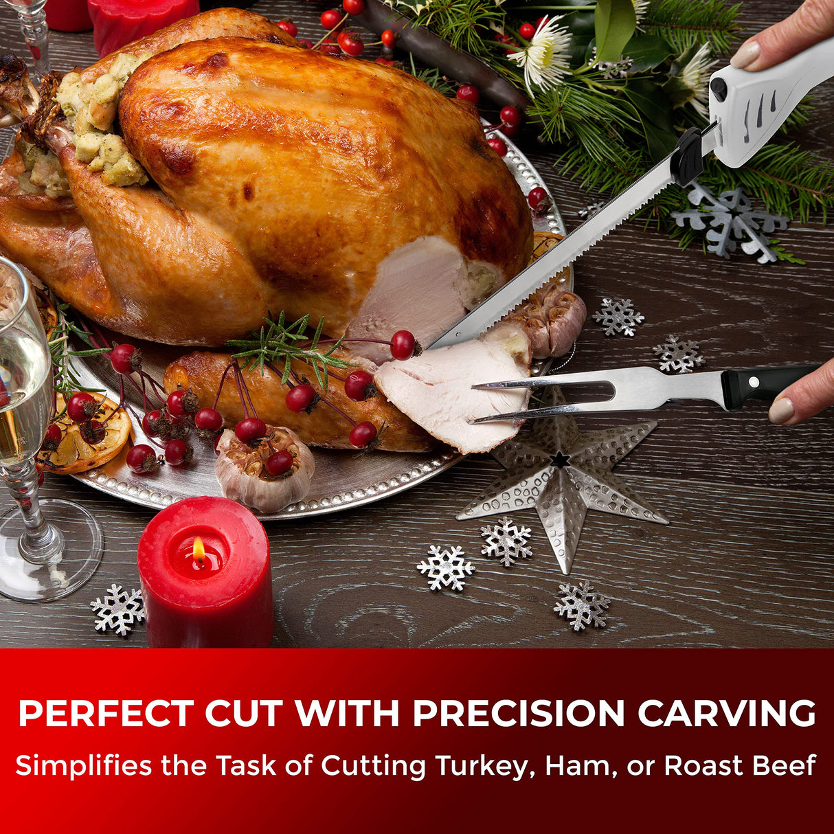 Mueller Ultra-Carver Electric Knife for Carving Meats, Poultry, Bread, Crafting Foam. Stainless Steel Blades, Powerful Motor, Ergonomic Handle, One-Touch On/Off Button, Serving Fork Included, White Mueller