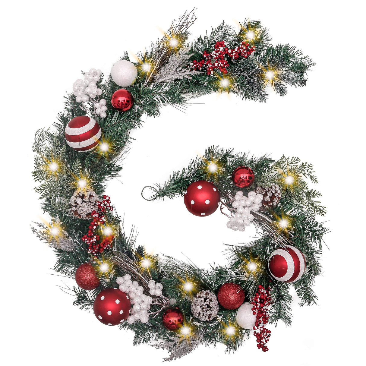 Valery Madelyn 6 feet Pre-Lit Christmas Garland with Lights for Mantle, Lighted Battery Operated Xmas Garland with Red White Balls for Front Door Fireplace Table Centerpiece Outdoor Window Home Decor Valery Madelyn