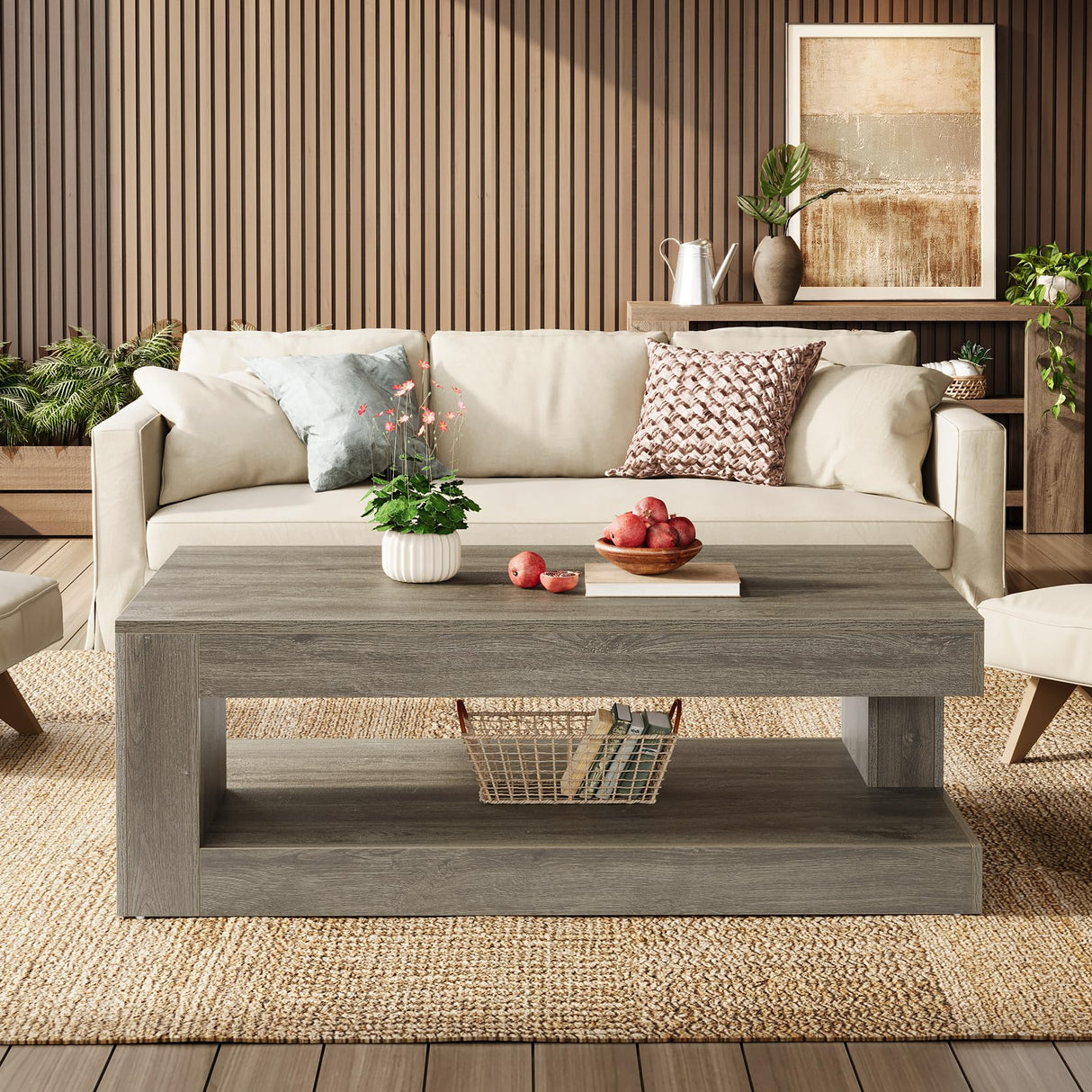 Tribesigns Coffee Table for Living Room, 47.24 Inch Farmhouse 2-Tier Accent Center Tea Cocktail Table with Storage, Elegant Grey, Rectangular Tribesigns