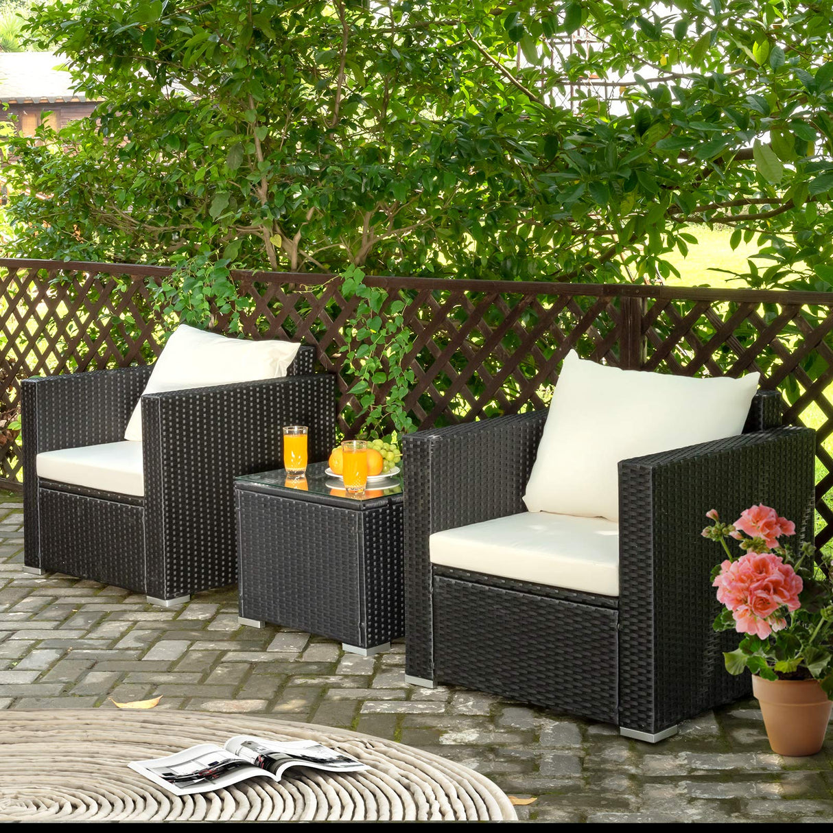 COSTWAY 3 PCS Patio Wicker Furniture Set Conversation Rattan Sofa Set w/Cushion Garden White COSTWAY