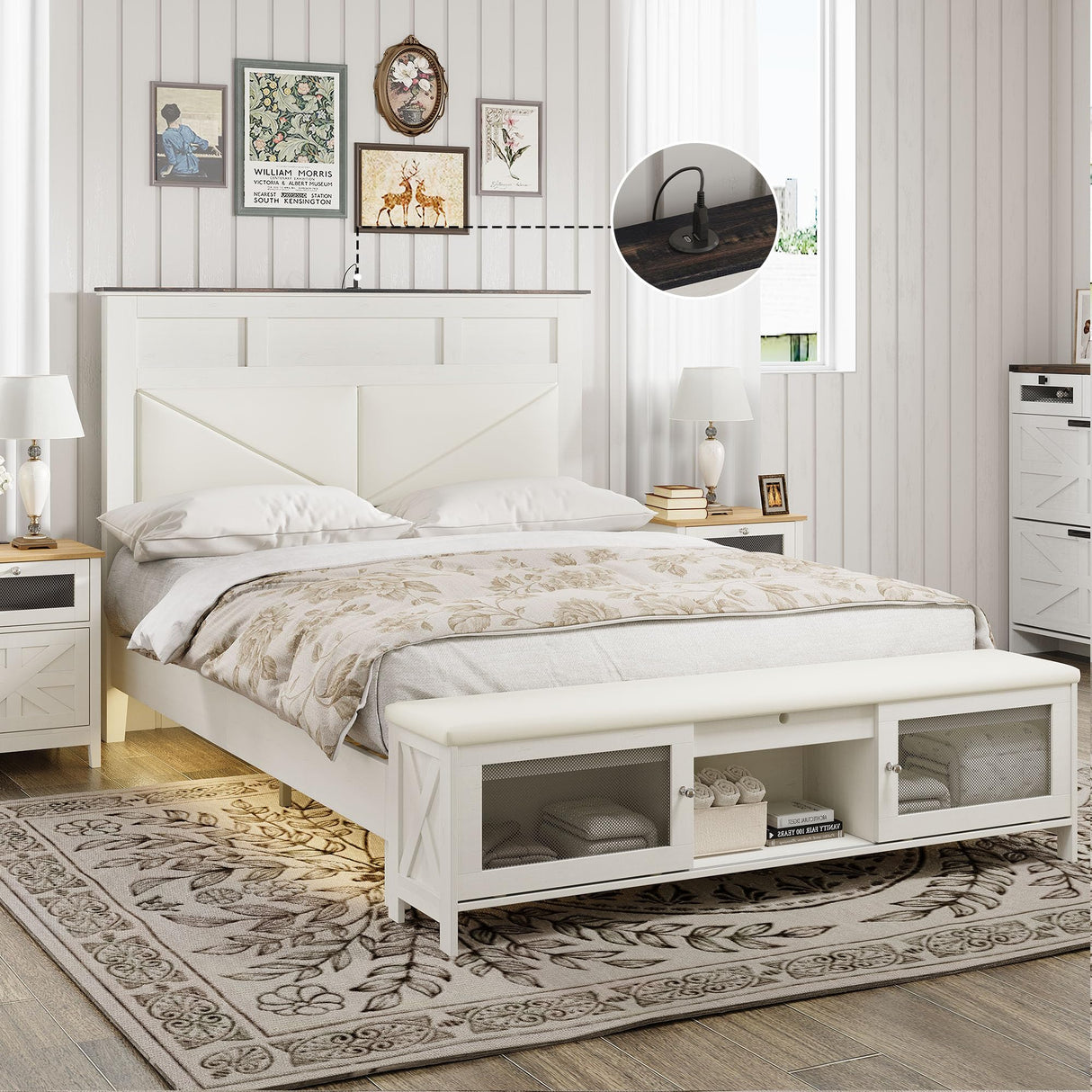 Halitaa Farmhouse Full Bed Frame with Storage, Full Size Bed Frame with 51" Tall Headboard & Charging Station,Wood Platform Bedframe with Led Lights & Storage Bench, No Box Spring Needed,White Halitaa