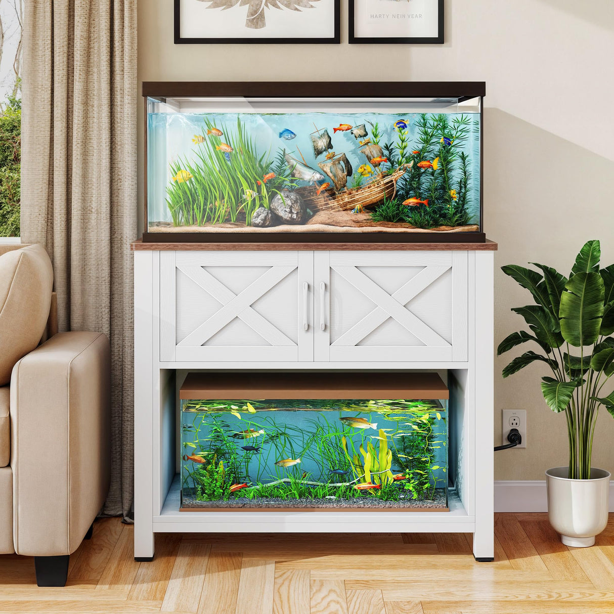 DWVO 40-50 Gallon Aquarium Stand with Power Outlets, Cabinet for Fish Tank Accessories Storage - Heavy Duty Metal Fish Tank Stand Suitable for Turtle Tank, Reptile Terrarium, 660LBS Capacity, White DWVO