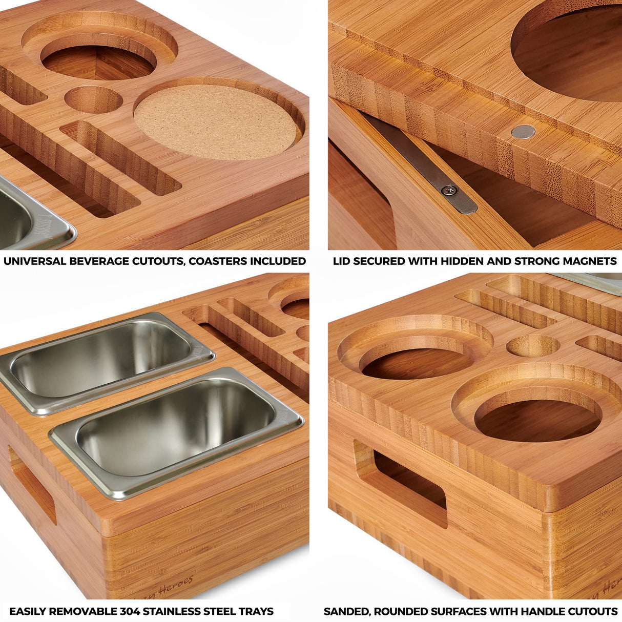 COZY HEROES Bamboo Couch Console Caddy: Ultimate Couch Cup Holder Tray, Middle-Couch Organizer, Drink Holder with Removable Magnetic Lid - Couch Center Console Perfect for Movie Nights for TV lovers COZY HEROES