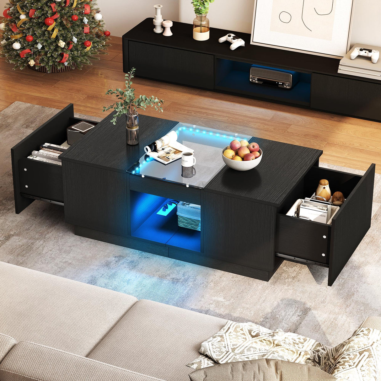 YITAHOME Modern Coffee Table with LED Lights, Rectangle Coffee Table with 2 Large Drawers, Spacious Glass Coffee Table, Upscale Large Living Room Table with Power Outlets and Remote Control, Black YITAHOME