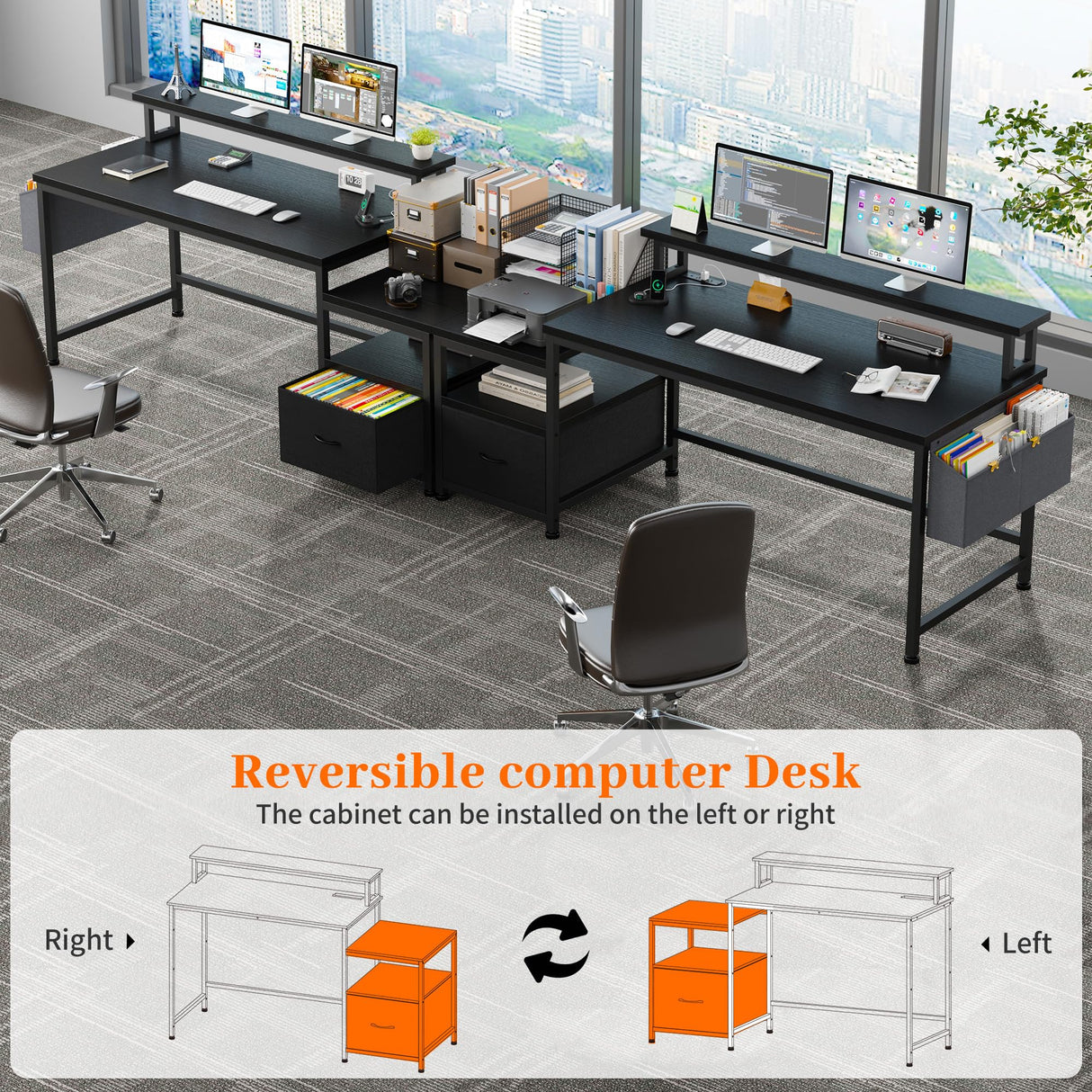 EnHomme 56.5" Computer Desk with Power Outlets,Home Office Desk with Fabric File Cabinet,Study Writing Gaming Desk with Monitor Shelf,Work Table with Printer Space,Black EnHomee