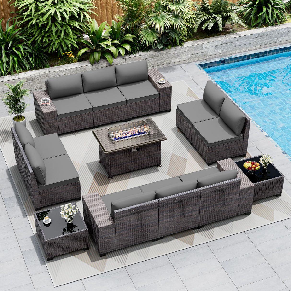 ASJMR Outdoor Patio Furniture Set with Fire Pit Table, 13 Pieces Outdoor Furniture Set Patio Sectional Sofa w/43in Propane Fire Pit, PE Wicker Rattan Patio Conversation Sets - Grey ASJMR