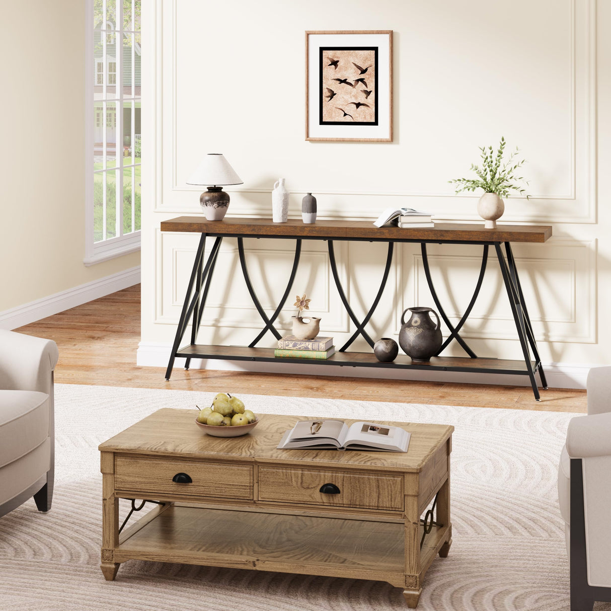 JUSTOGO 70.9" Narrow Console Table for Entryway, Industrial Long Sofa Table Behind Couch, Farmhouse Hallway Table with Storage for Living Room, Entrance, Foyer, Rustic Brown JUSTOGO