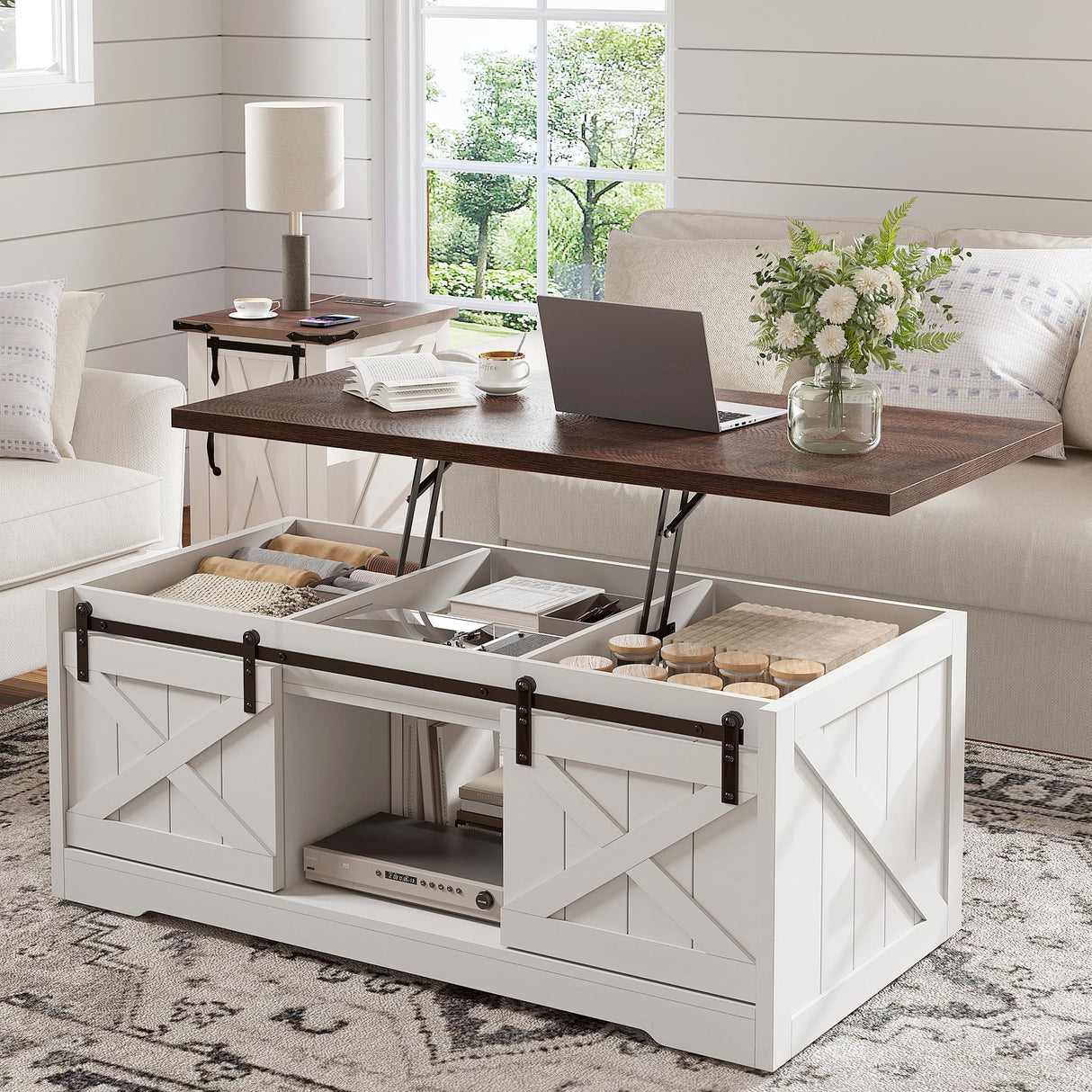 EnHomee Farmhouse Lift Top Coffee Table with Sliding Barn Door 48" W Large Coffee Tables for Living Room, Wood Center Table with Hidden Storage Compartment, Antique White EnHomee