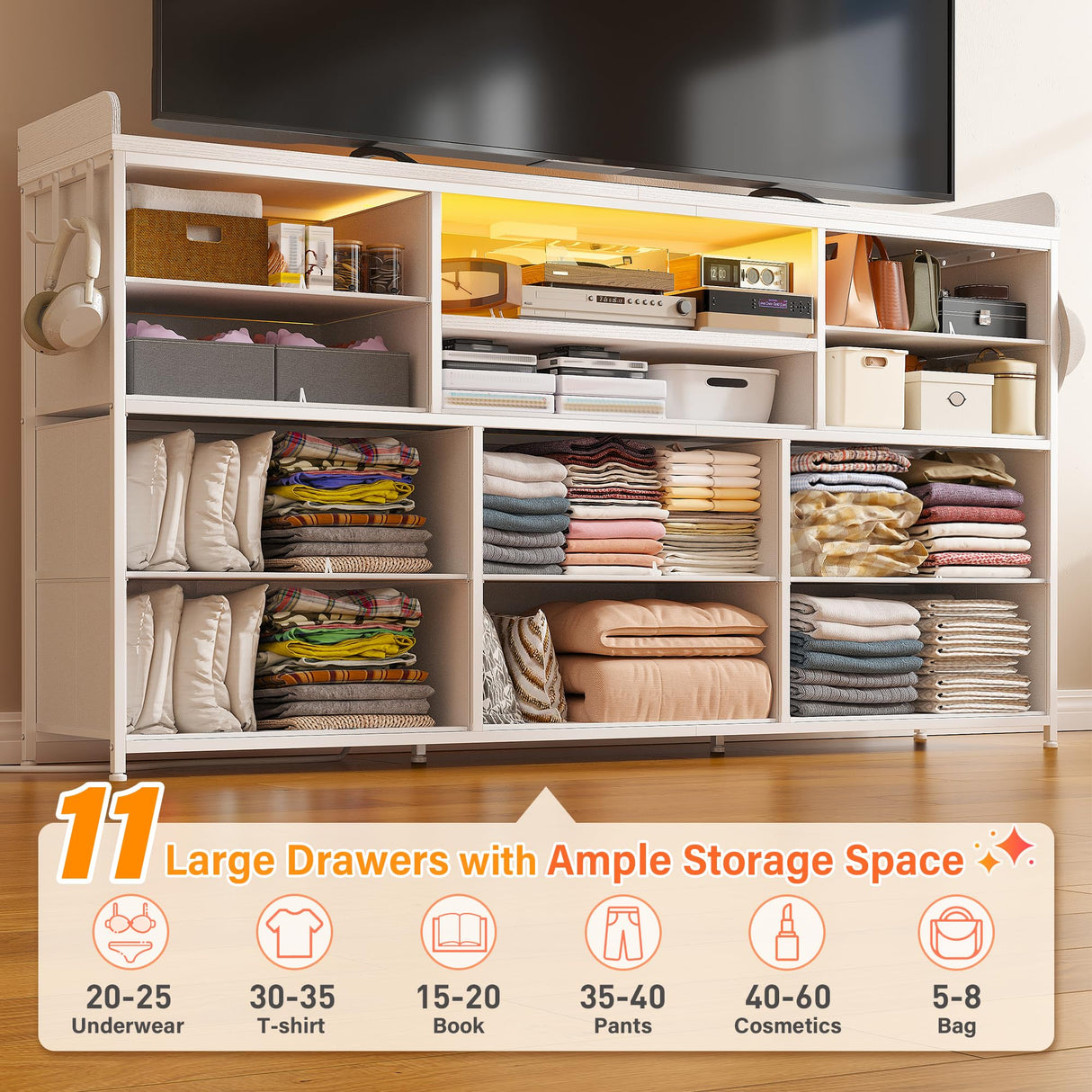 EnHomee Dresser TV Stand with 11 Drawers for 60" TV Stand for Bedroom with LED Lights & Power Outlets Long Dresser for Bedroom with Shelves & 4 Hooks Sturdy Metal Frame & Wood Top, White EnHomee