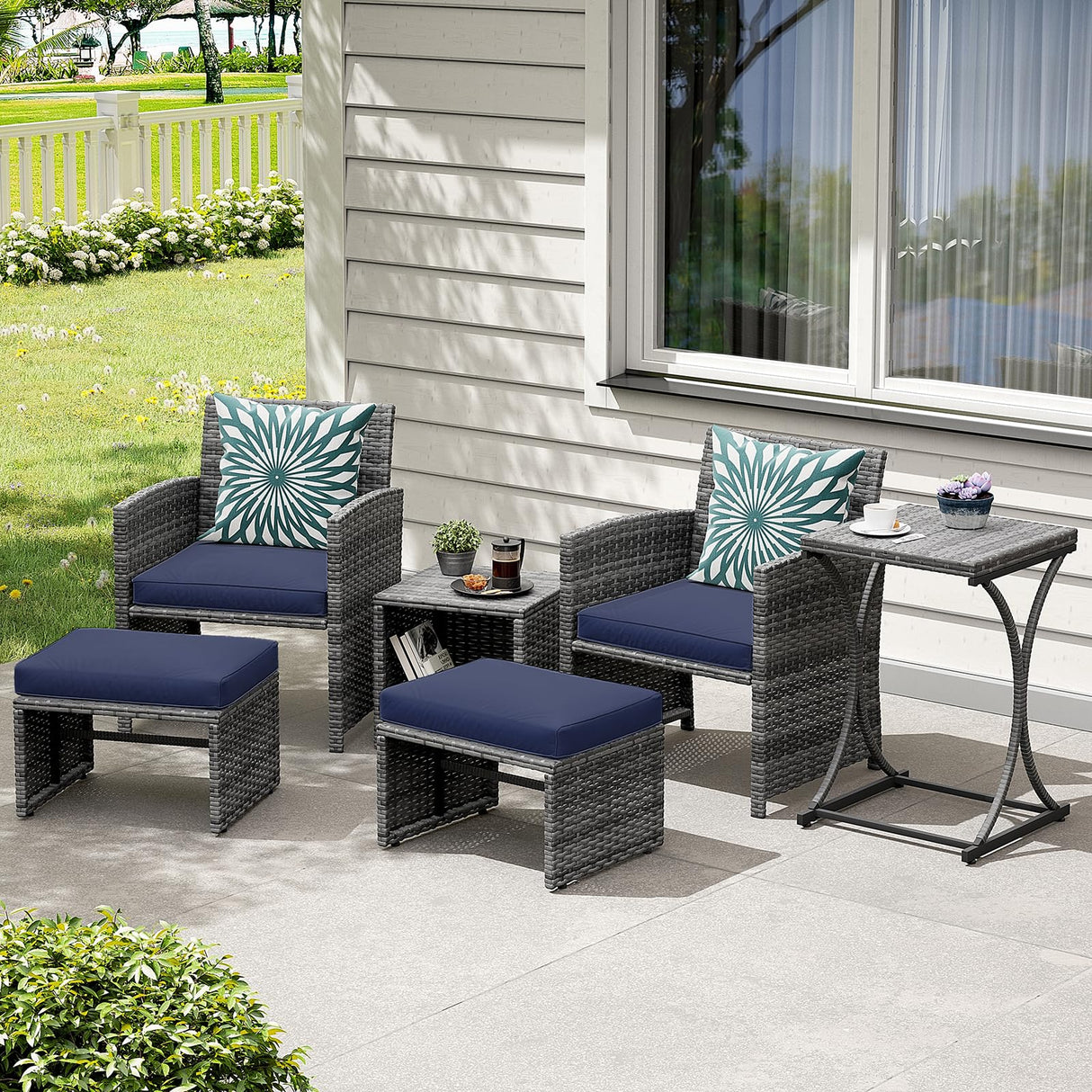 OC Orange-Casual 6 Piece Patio Furniture Conversation Set with Ottoman, Outdoor Grey Wicker Chair and Table Set, Balcony Furniture for Apartments, Navy Blue OC Orange-Casual