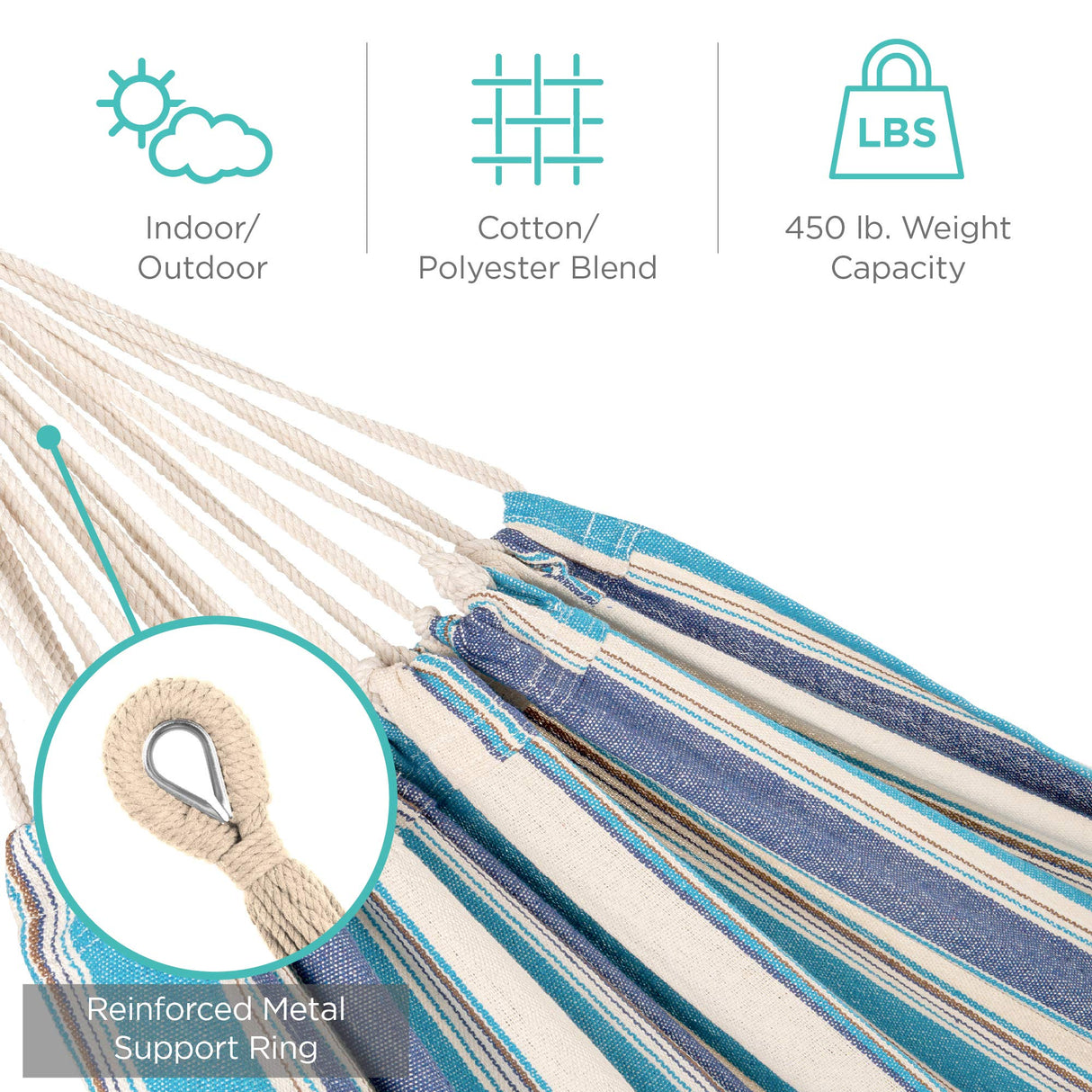 Best Choice Products Double Hammock with Steel Stand, Indoor Outdoor Brazilian-Style Cotton Bed w/Carrying Bag, 2-Person Capacity - Ocean Best Choice Products