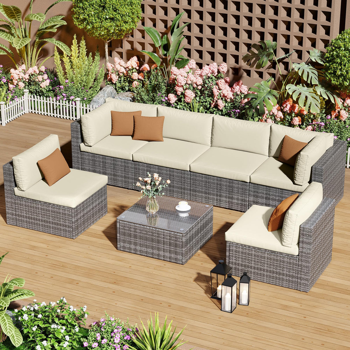 FansaFurn 7-Piece Modular Patio Furniture Set, Wicker Outdoor Sectional Sofa with Cushions and Coffee Table, All Weather Patio Conversation Sets for Porch Balcony Backyard, Beige FansaFurn