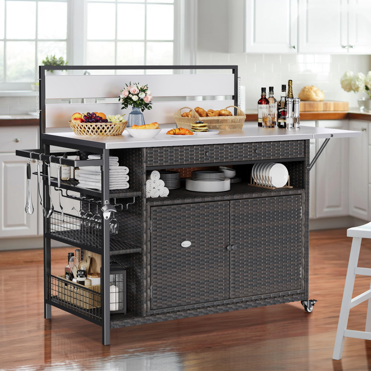 YITAHOME XL Outdoor Kitchen Wicker Island Rolling Cart & Storage Cabinet, Wheels and Stainless Steel Extended Table Top, Side Handle for Patio Kitchen or Bar Cart, Dark Brown YITAHOME