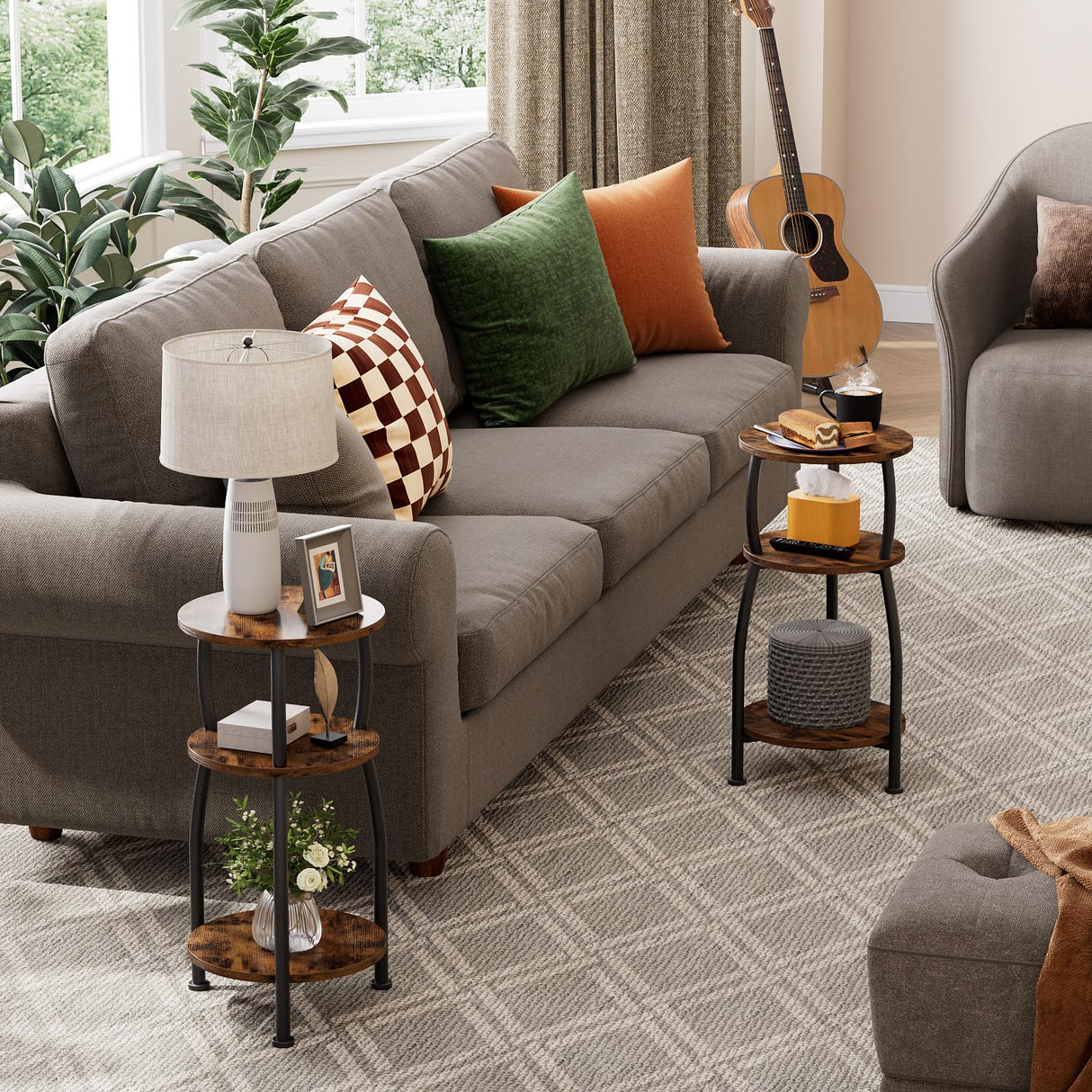 Yuede Small Round Side Table, 3-Tier End Table with Storage Shelf, Slim Sofa Table Coffee Table, Sturdy & Easy Assemble Nightstand for Small Spaces, Living Room Bedroom Corner, Rustic Brown Yuede