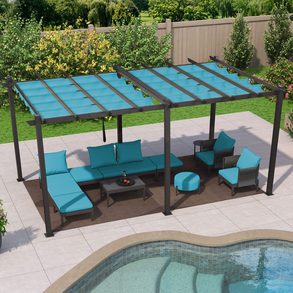 PURPLE LEAF 12' X 18' Outdoor Pergola with Retractable Canopy Aluminum Shelter for Porch Garden Sun Shade Pavilion Grape Trellis Grill Gazebo Modern Backyard Deck Metal Patio Pergola Turquoise Blue PURPLE LEAF