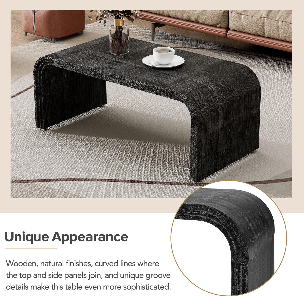 Bellemave Modern Coffee Table with Curved Art Deco Design Center Sofa Table Minimalist Cocktail Wooden Table for Living Room, Antique Black Bellemave
