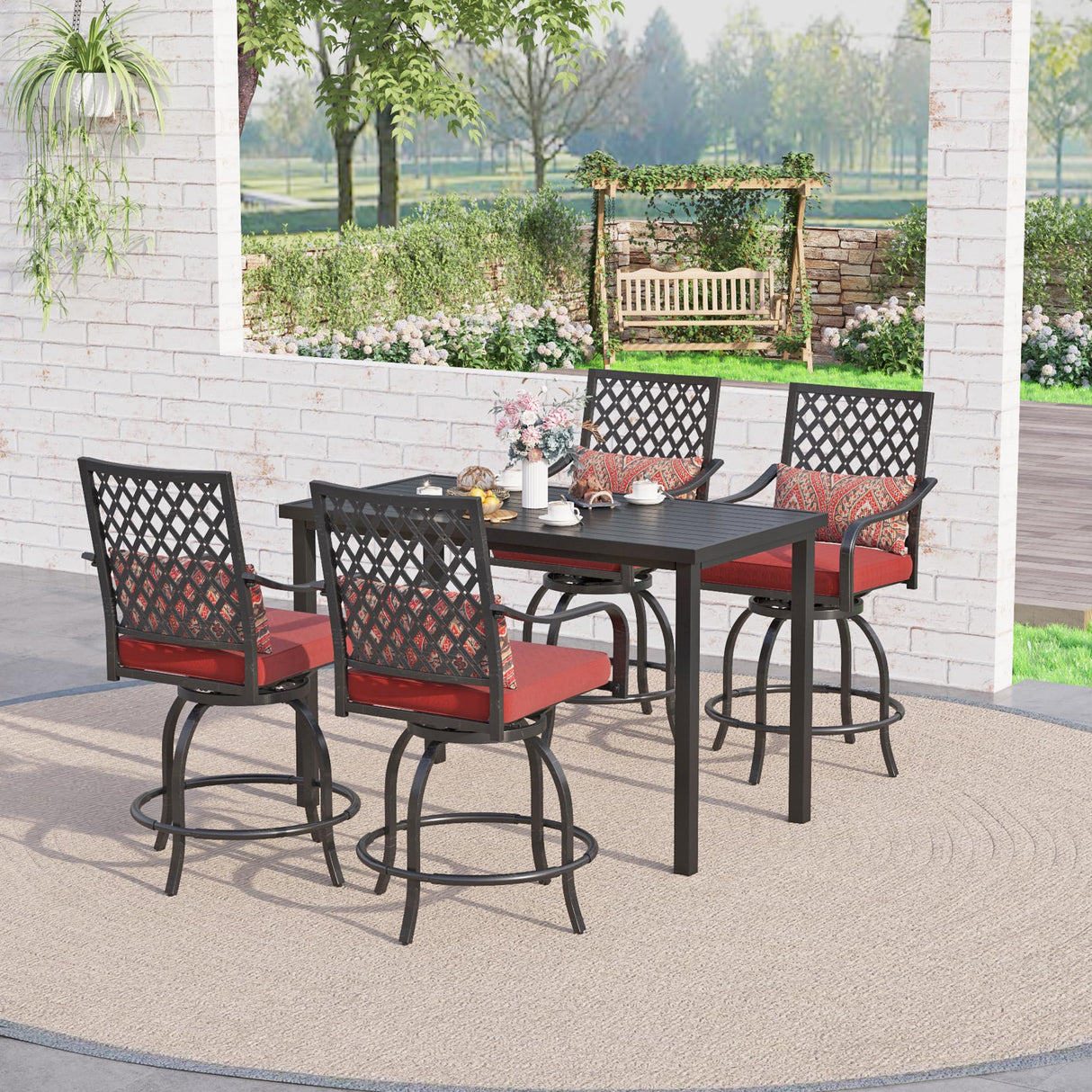 Sophia & William Patio Bar Set 5 Piece Outdoor Dining Set, 4 Swivel Bar Stools Chairs with Red Cushion and 1 Rectangular Bar Height Table, All-Weather Metal Furniture Set for Garden Lawn Backyard Sophia & William