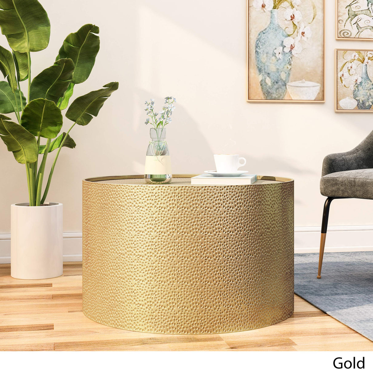 Christopher Knight Home Rache Modern Round Coffee Table with Hammered Iron, Gold, 26. 00” L x 26. 00” W x 17. 00” H Christopher Knight Home