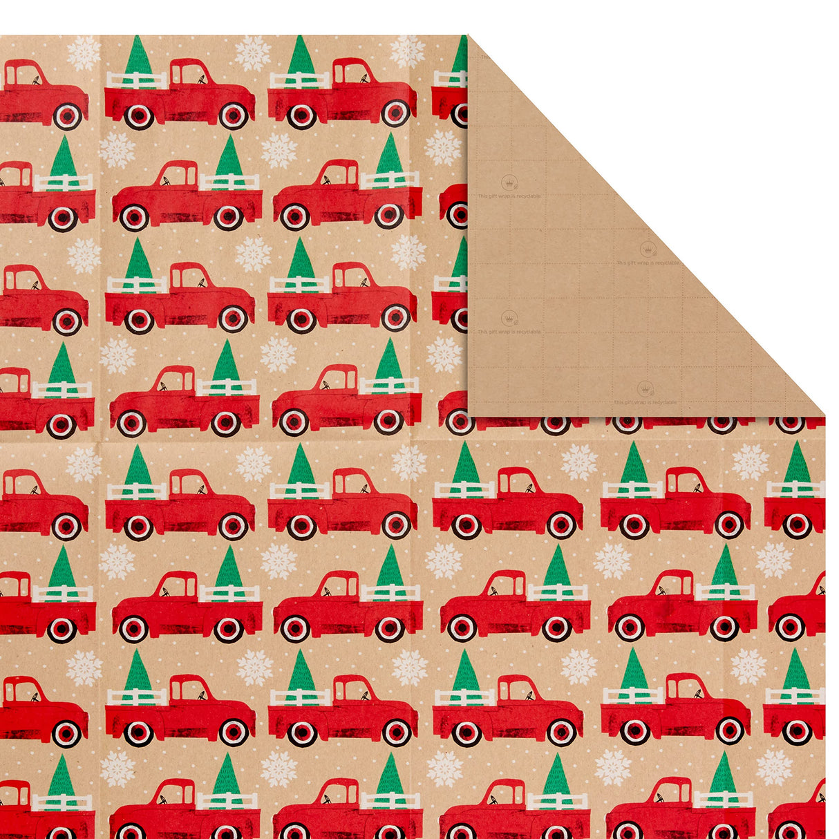 Hallmark Christmas Flat Wrapping Paper Sheets - Recyclable Kraft Gift Wrap Paper (12 Folded Sheets with Sticker Seals) Rustic Red Trucks, White Snowflakes, Merry Christmas Lettering Hallmark