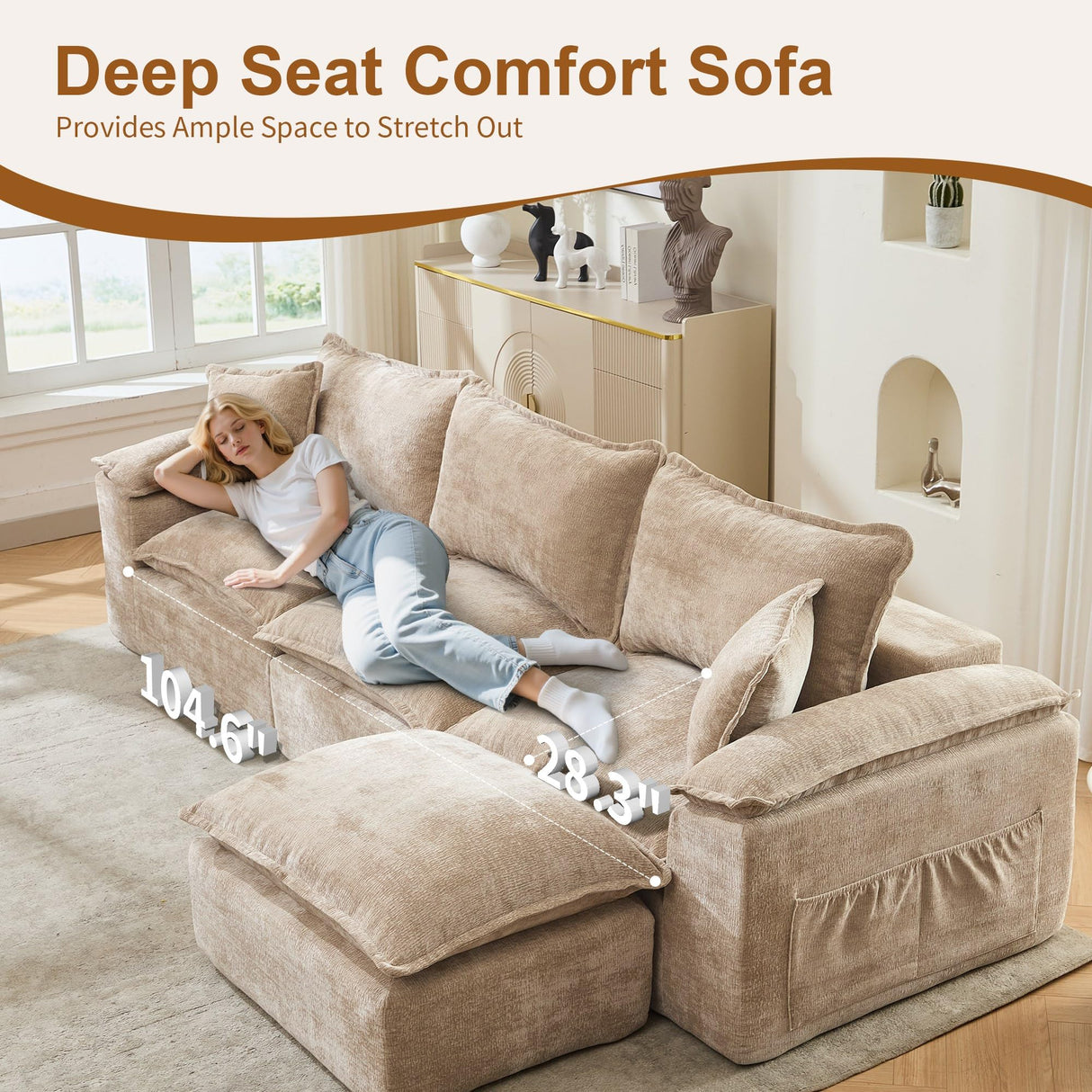 Korser 122" Sectional Couches for Living Room, Modular Boneless Couch with Deep Seat & Fluffy Cushion, Cozy Double-Layer Cushioned Sofa with Convertible Ottoman, Comfy Cloud Sofa, No Assembly Required Korser