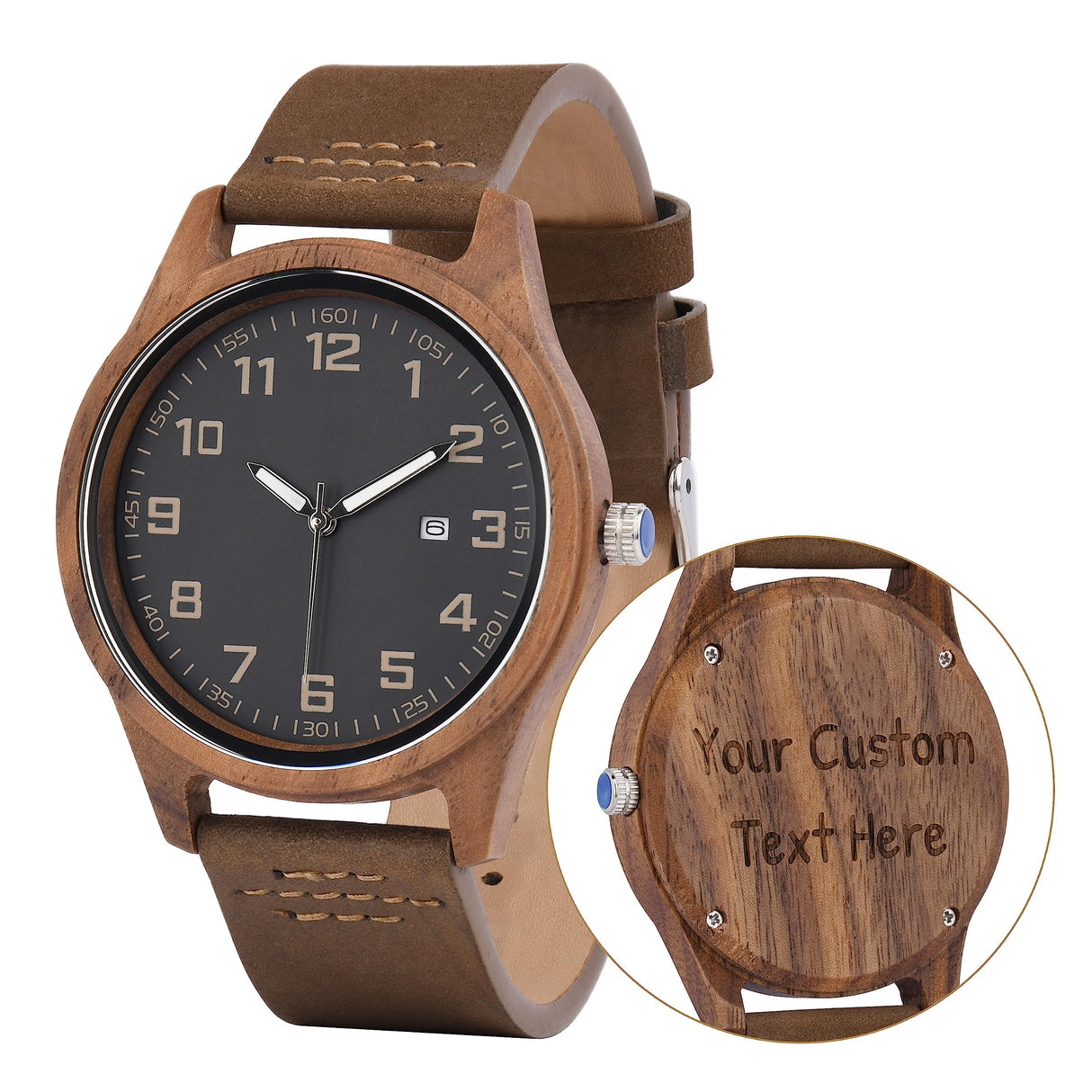 Engraved Wood Watch for Men Personalized Walnut Watch Leather Strap Anniversary Birthday Watch for Husband Dad Son LMWOOD