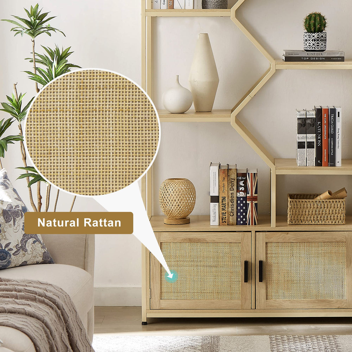 Rattan Bookshelf with 1 Natural Rattan Storage Cabinet and 7 Open Display Shelves, 7 Tier Bookshelf w/Adjustable Shleves & Foot Pad for Living Room, Bedroom, Office, Metal Shelves, Natural Voohek