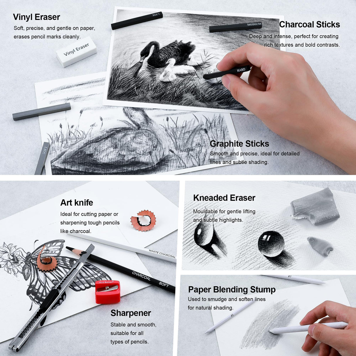 Kird Barken 33 Piece Sketching Pencil Set - 5H to 14B Pencils, Charcoal Pencils, Charcoal Sticks,Graphite Sticks,Painting tools – drawing pencil set for Beginners, Artists, Students, Kids Kird Barken