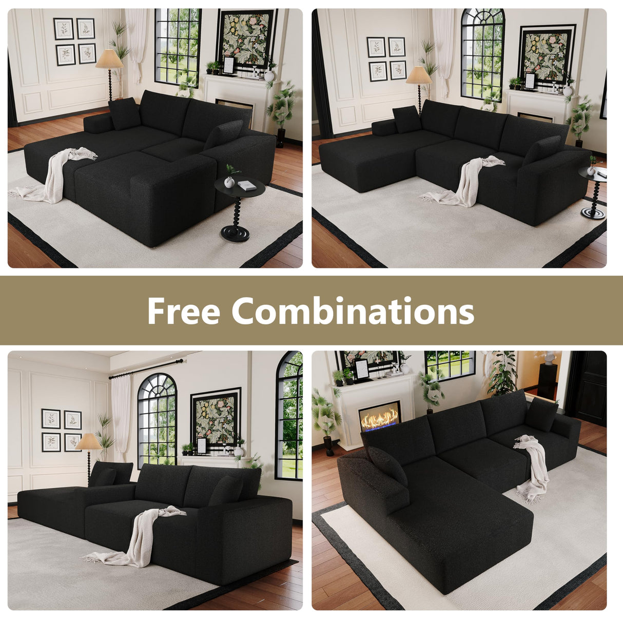 108”Modular Sectional Sofa, 4 Seat Cloud Sectional Couch for living Room with Deep Seat, Modern L-Shape Couch with Oversized Chaise, Upholstered Couches with Waist Pillows, No Assembly Required(Black) B.Sauraseng