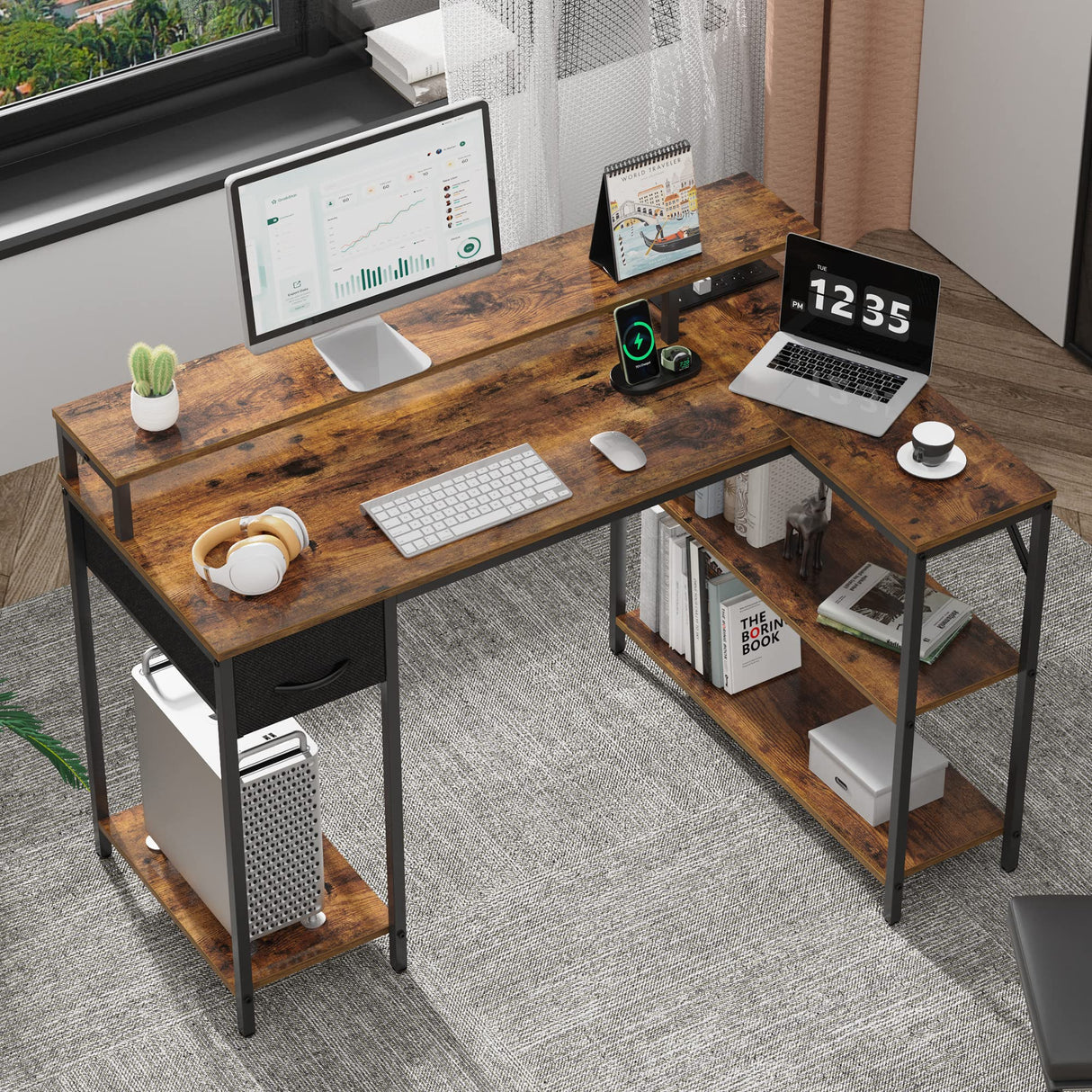 SUPERJARE L Shaped Gaming Desk with LED Lights & Power Outlets, Reversible Computer Desk with Shelves & Drawer, Corner Desk Home Office Desk, Rustic Brown, 7035ZC SUPERJARE